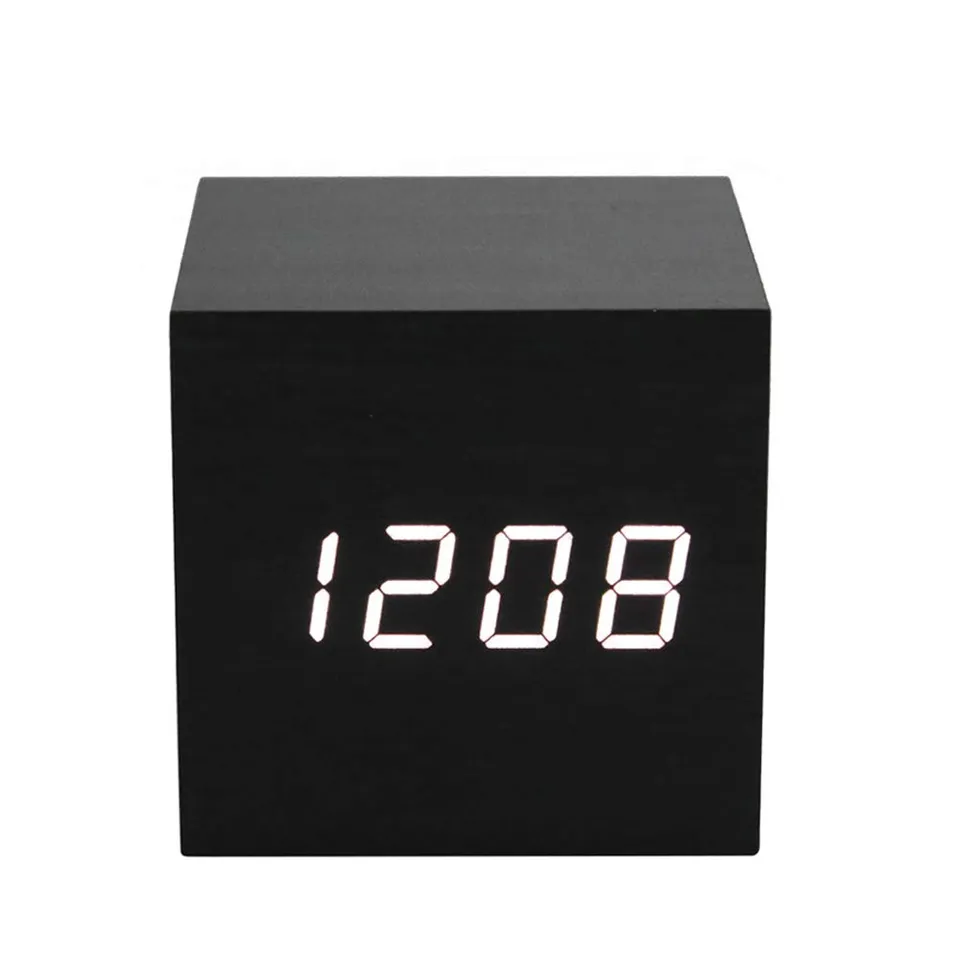 ThreeH Sveglia LED Legno Cubo Black White con 3 Allarmi