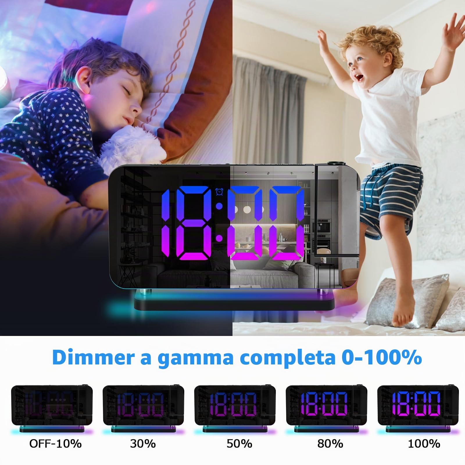 ThreeH Sveglia Digitale Proiezione LED Nero USB