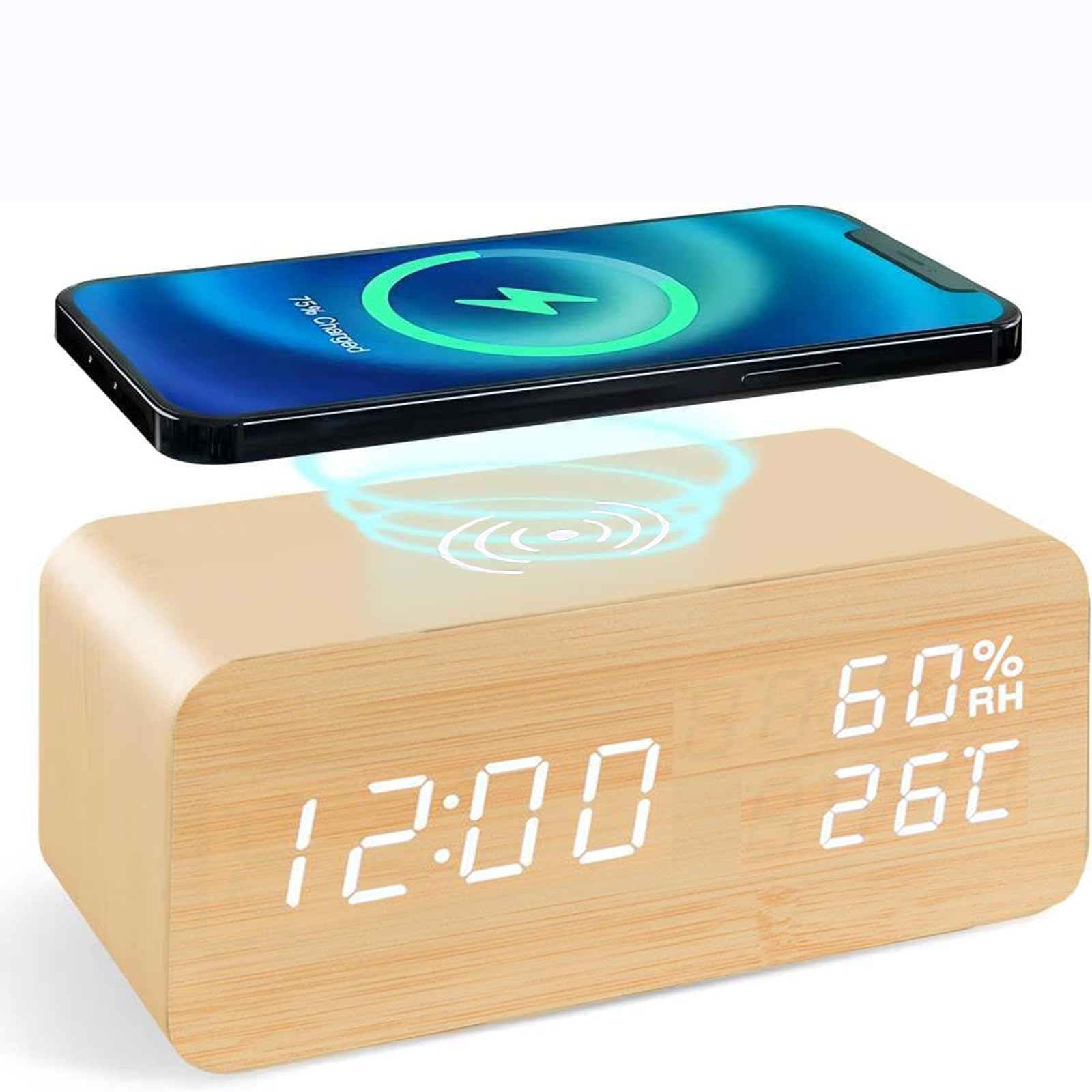 ThreeH Sveglia Legno Bianca Ricarica Wireless LED Bianco