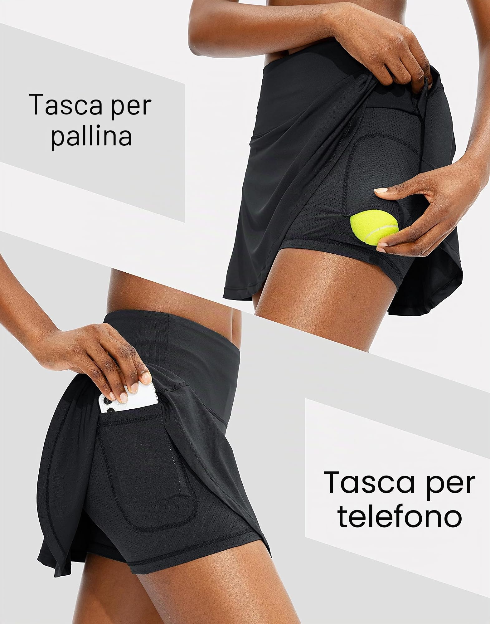 ThreeH Gonna Tennis Pieghe Skort Donna Nero con Tasche