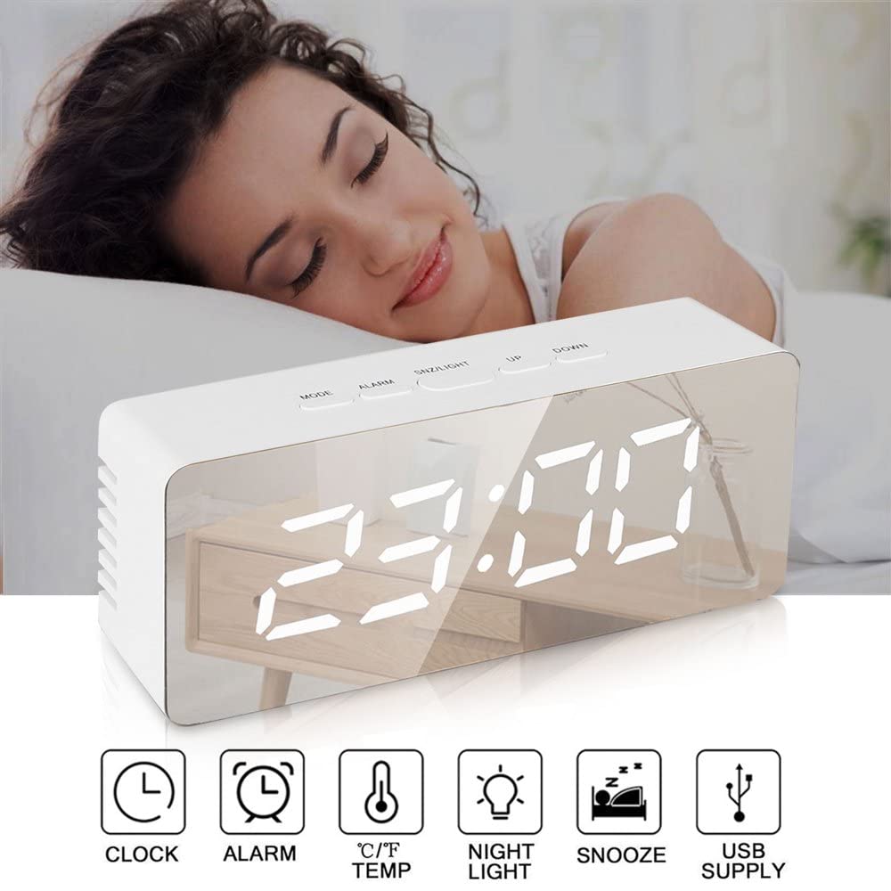 ThreeH Orologio Digitale LED Specchio Bianco Sveglia Snooze
