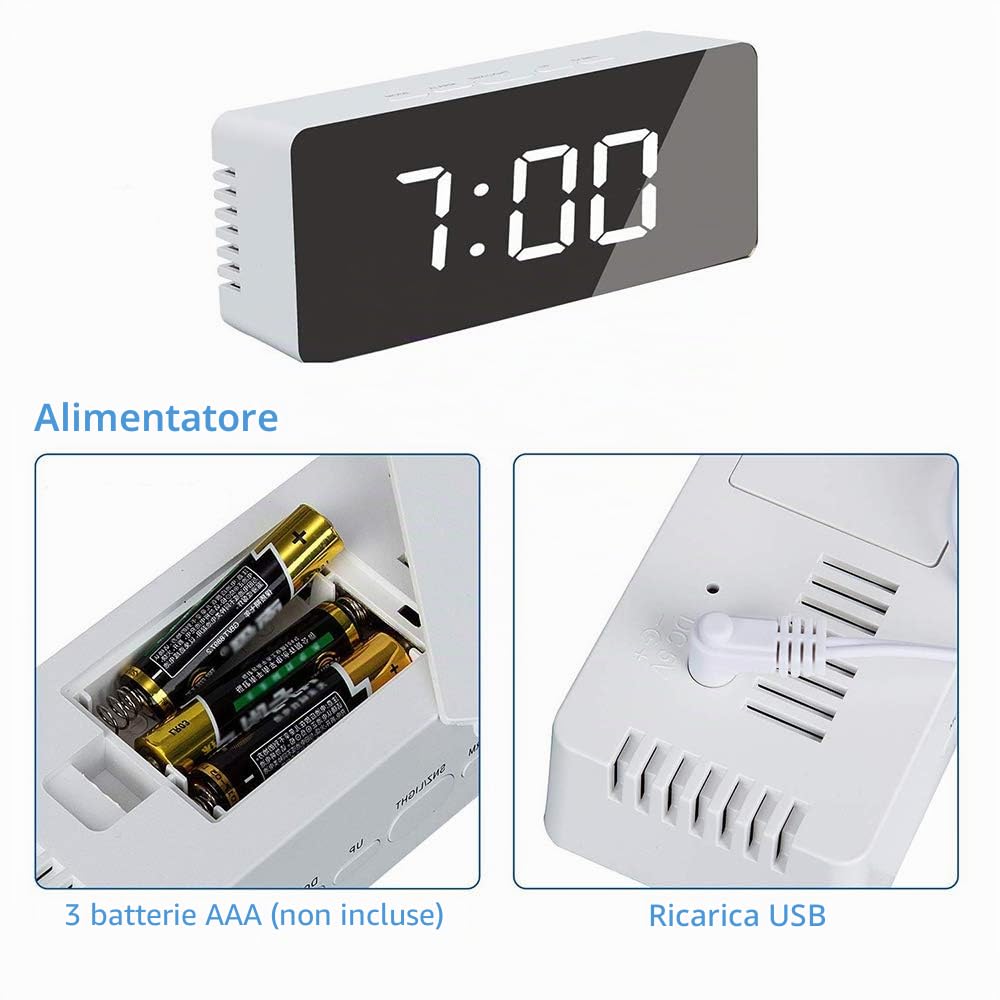 ThreeH Orologio Digitale LED Specchio Bianco Sveglia Snooze