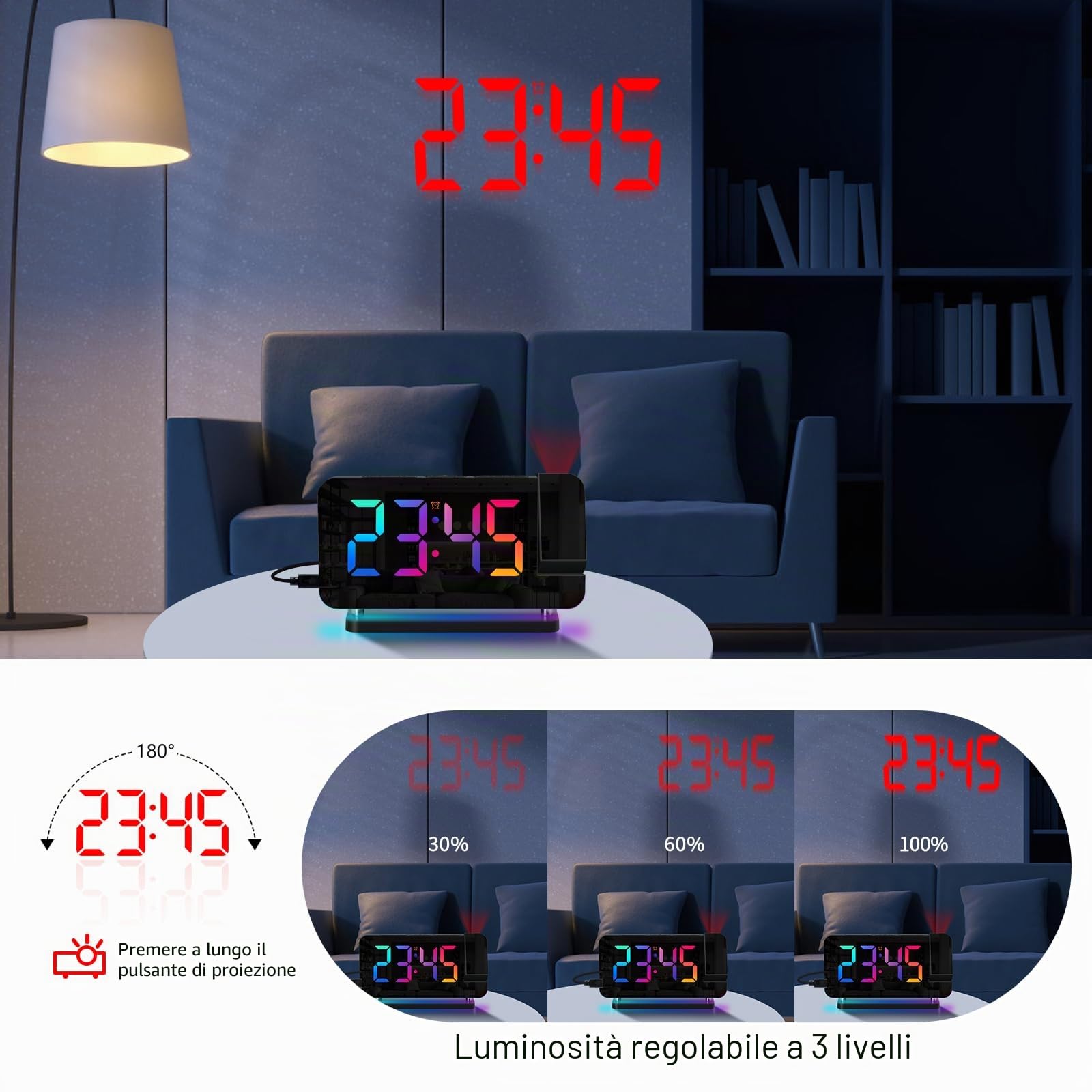 ThreeH Sveglia Digitale Proiezione LED Nero USB