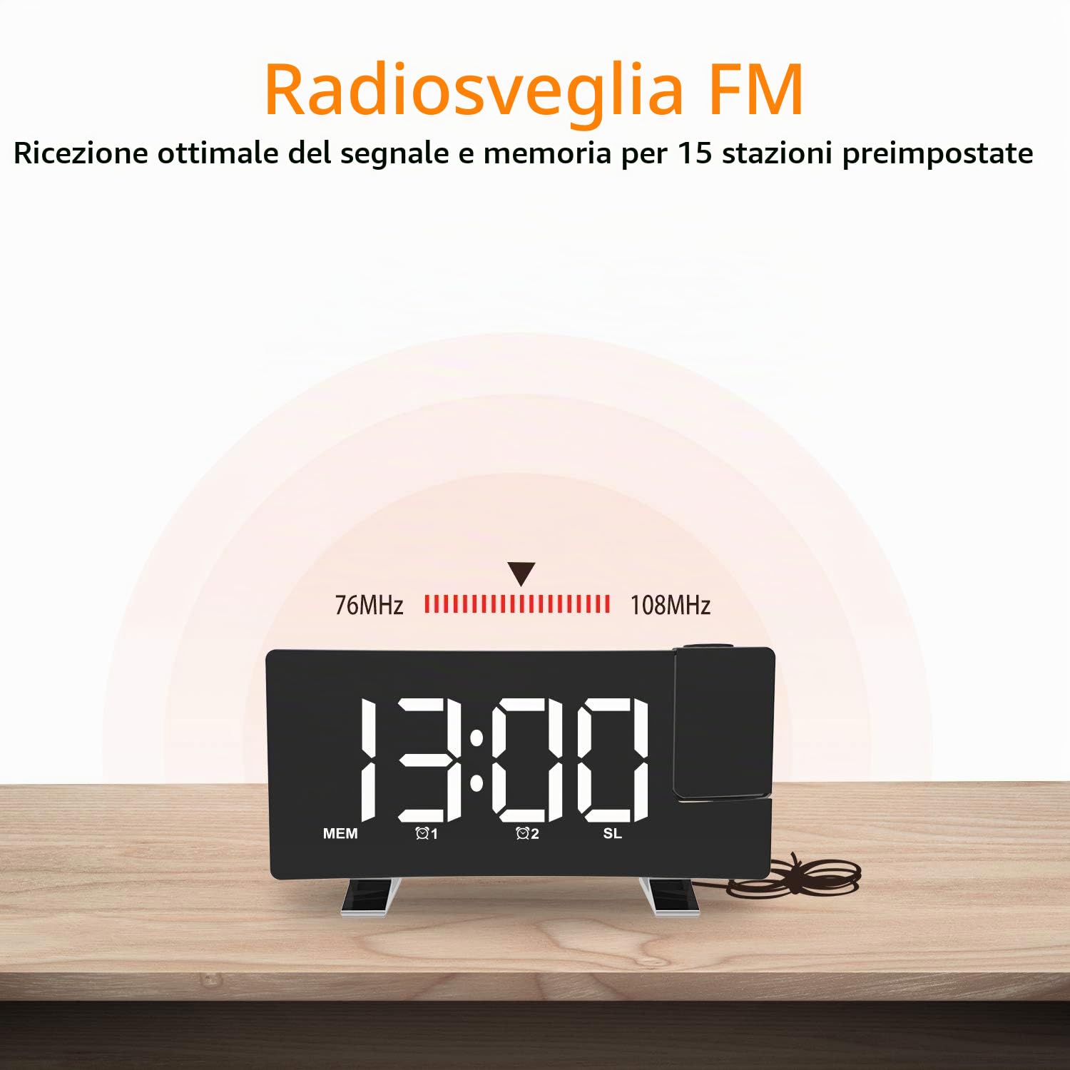 ThreeH radiosveglia proiezione bianca display USB snooze