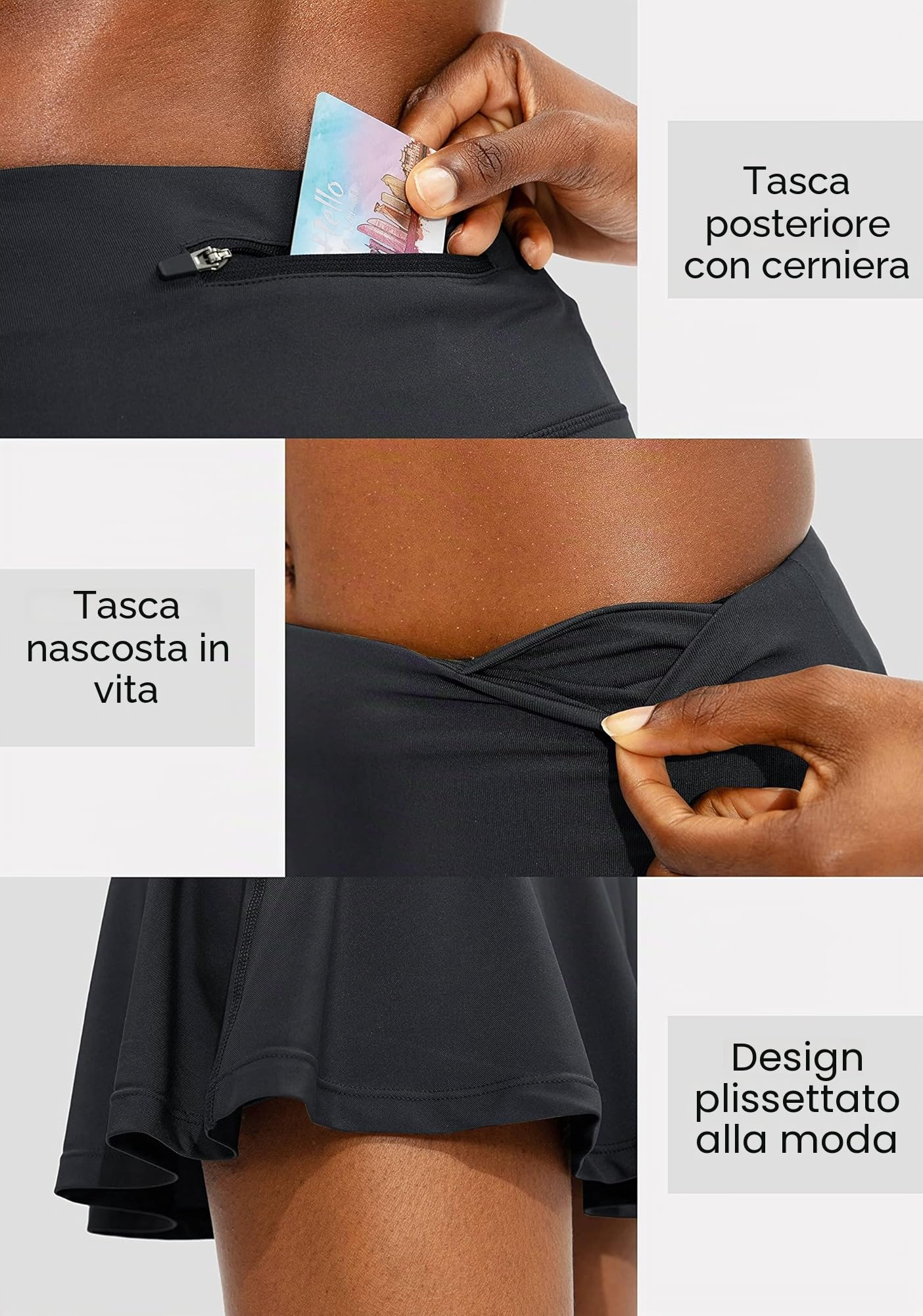 ThreeH Gonna Tennis Pieghe Skort Donna Nero con Tasche