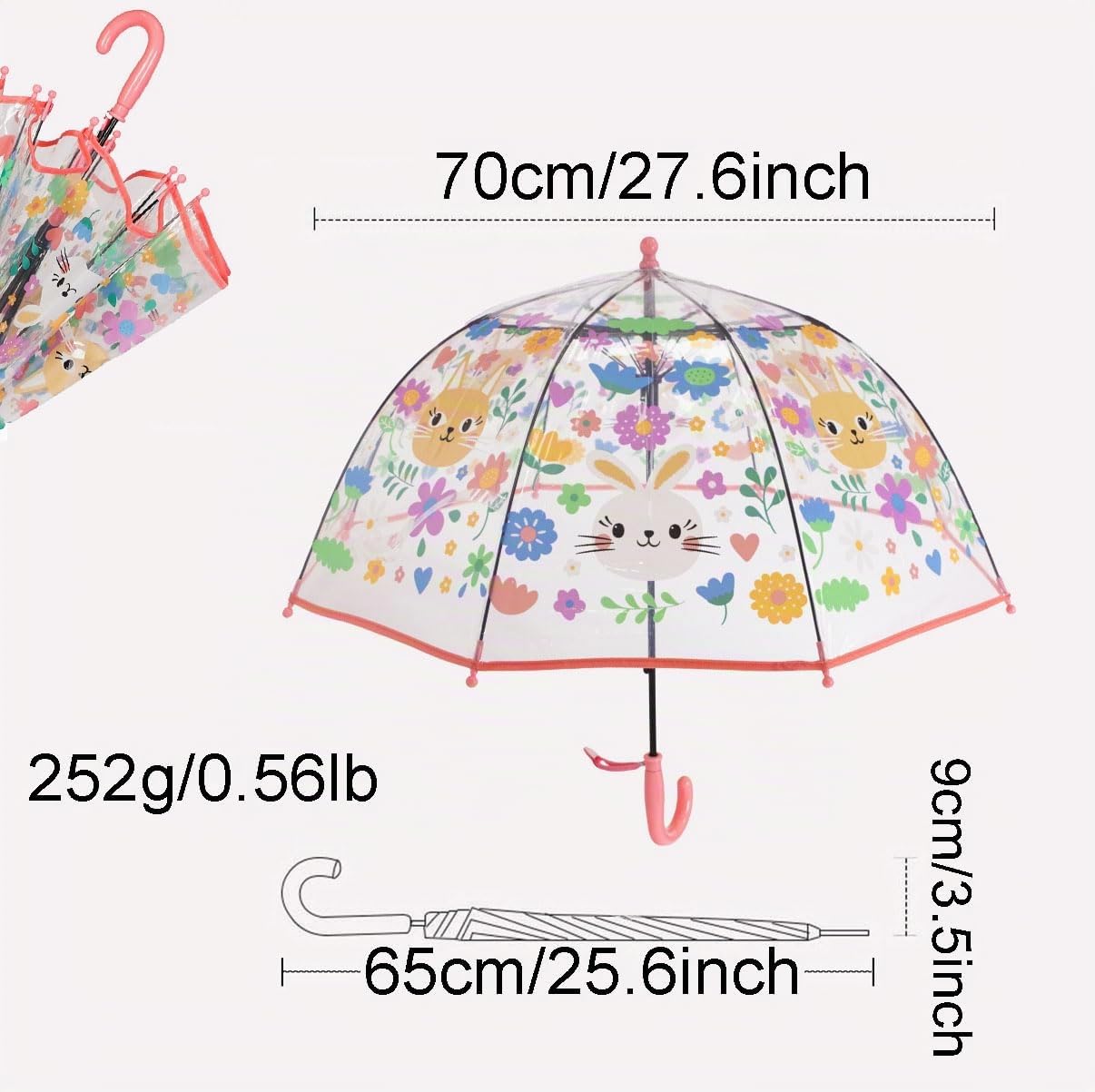 ThreeH ombrello bambini cupola trasparente rosa 70 cm
