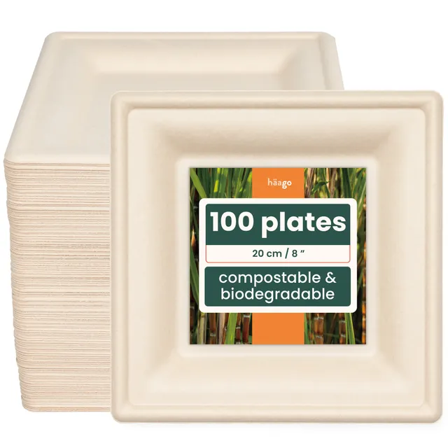 haago Sugarcane Plates piatti quadrati 20cm 100 pezzi marroni