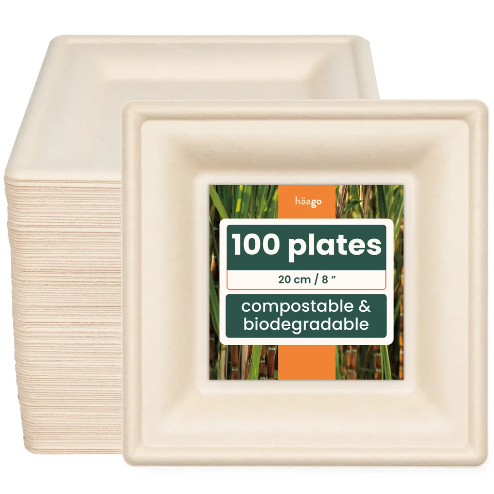 haago Sugarcane Plates piatti quadrati 20cm 100 pezzi marroni