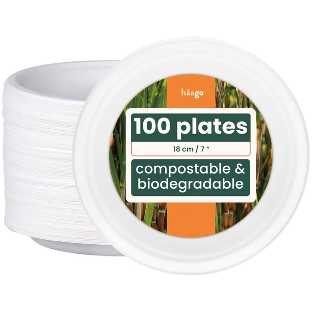 haago Sugarcane Plates piatti rotondi 18cm bianchi compostabili