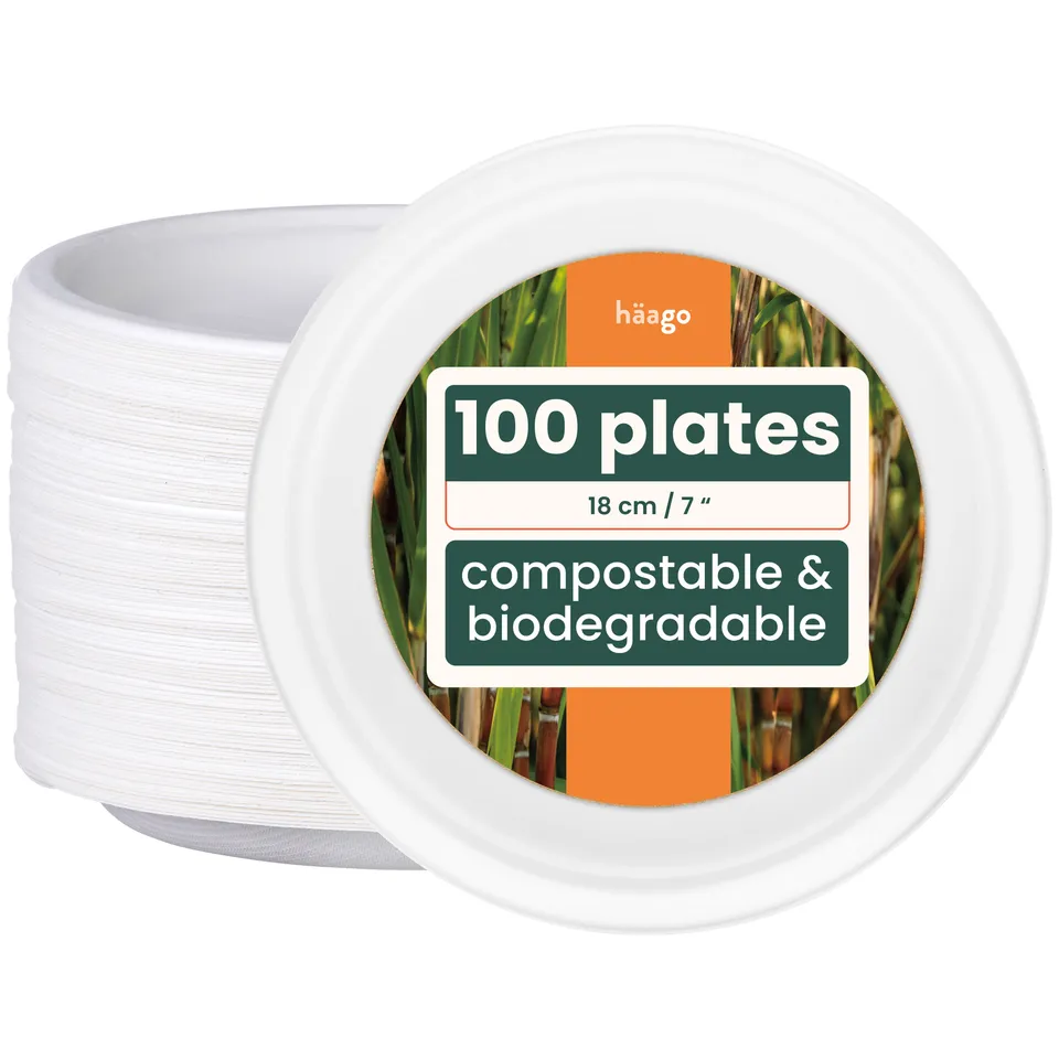 haago Sugarcane Plates piatti rotondi 18cm bianchi compostabili