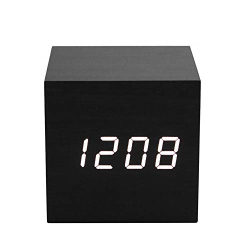 ThreeH Sveglia LED Legno Cubo Black White con 3 Allarmi