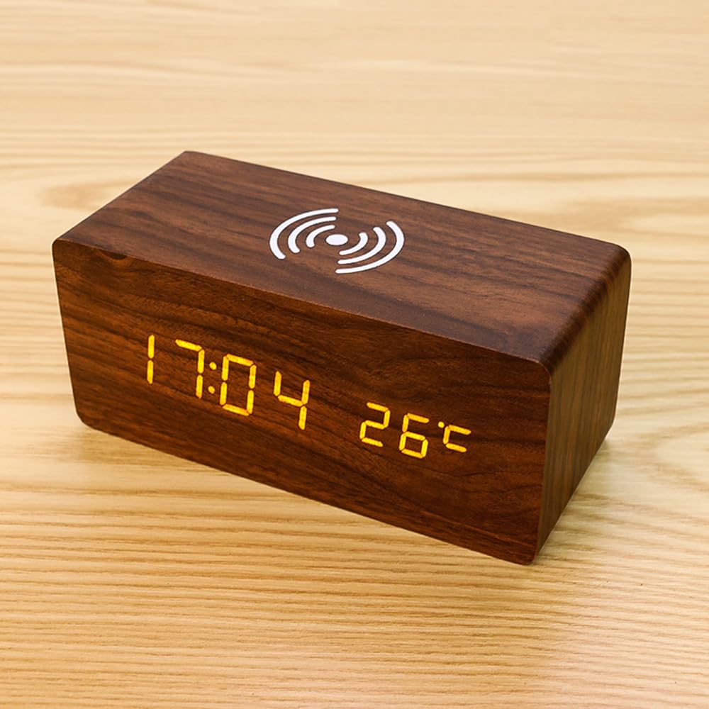 ThreeH Sveglia Legno con Ricarica Wireless Display LED