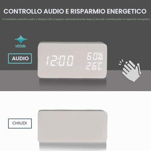 ThreeH Sveglia Legno Bianca Ricarica Wireless LED Bianco