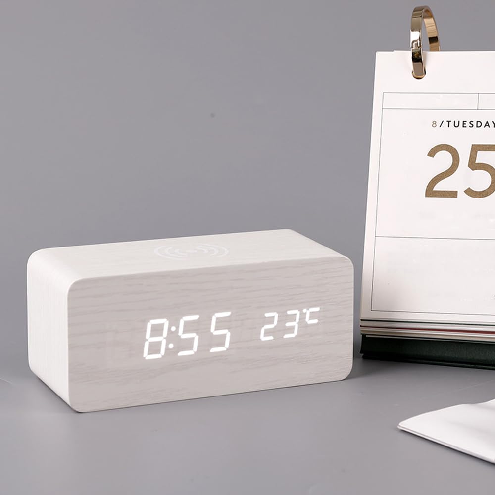 ThreeH Sveglia Legno Bianca Ricarica Wireless LED Bianco