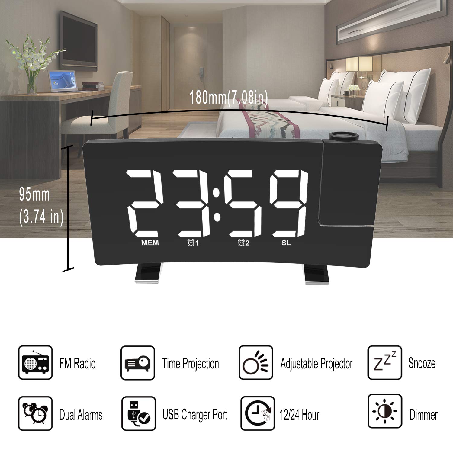 ThreeH radiosveglia proiezione bianca display USB snooze