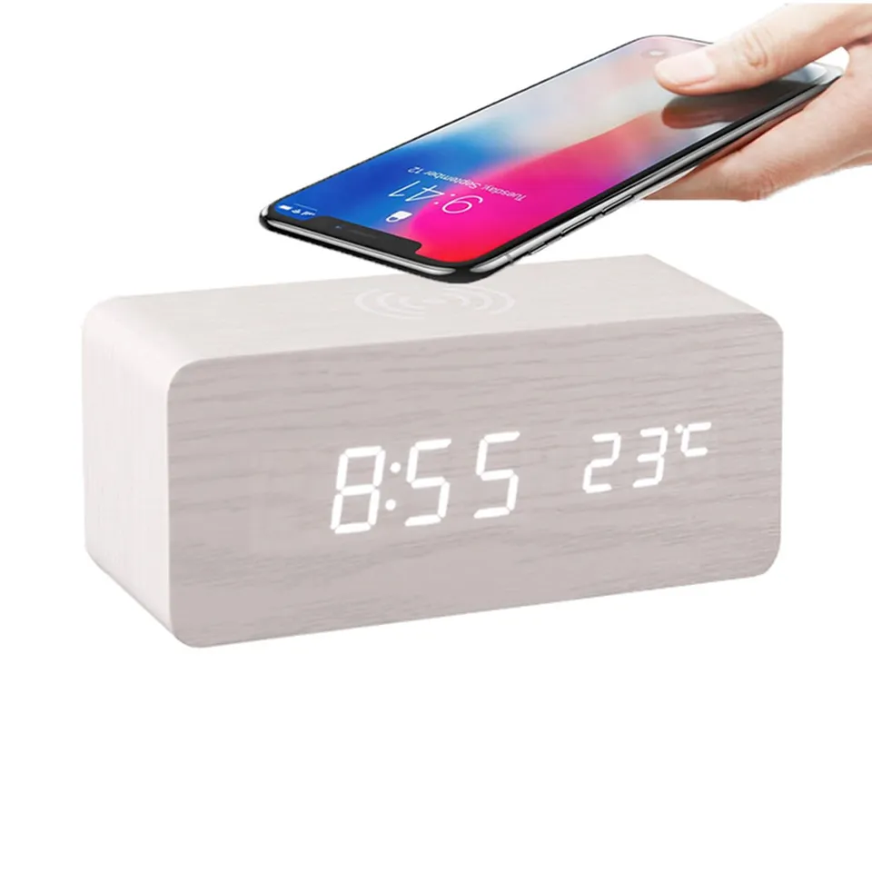 ThreeH Sveglia Legno Bianca Ricarica Wireless LED Bianco