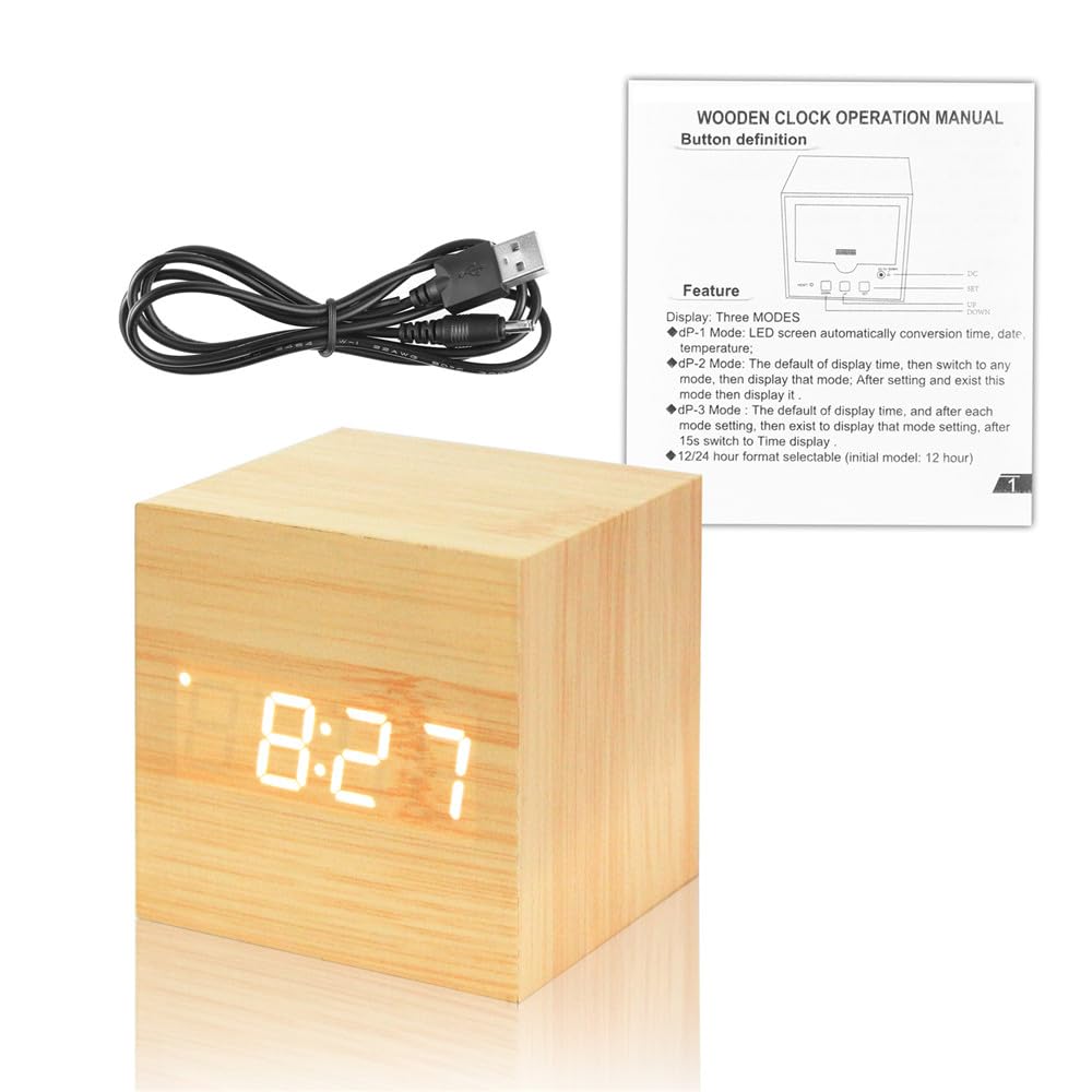 ThreeH Sveglia LED Legno Cubo Black White con 3 Allarmi
