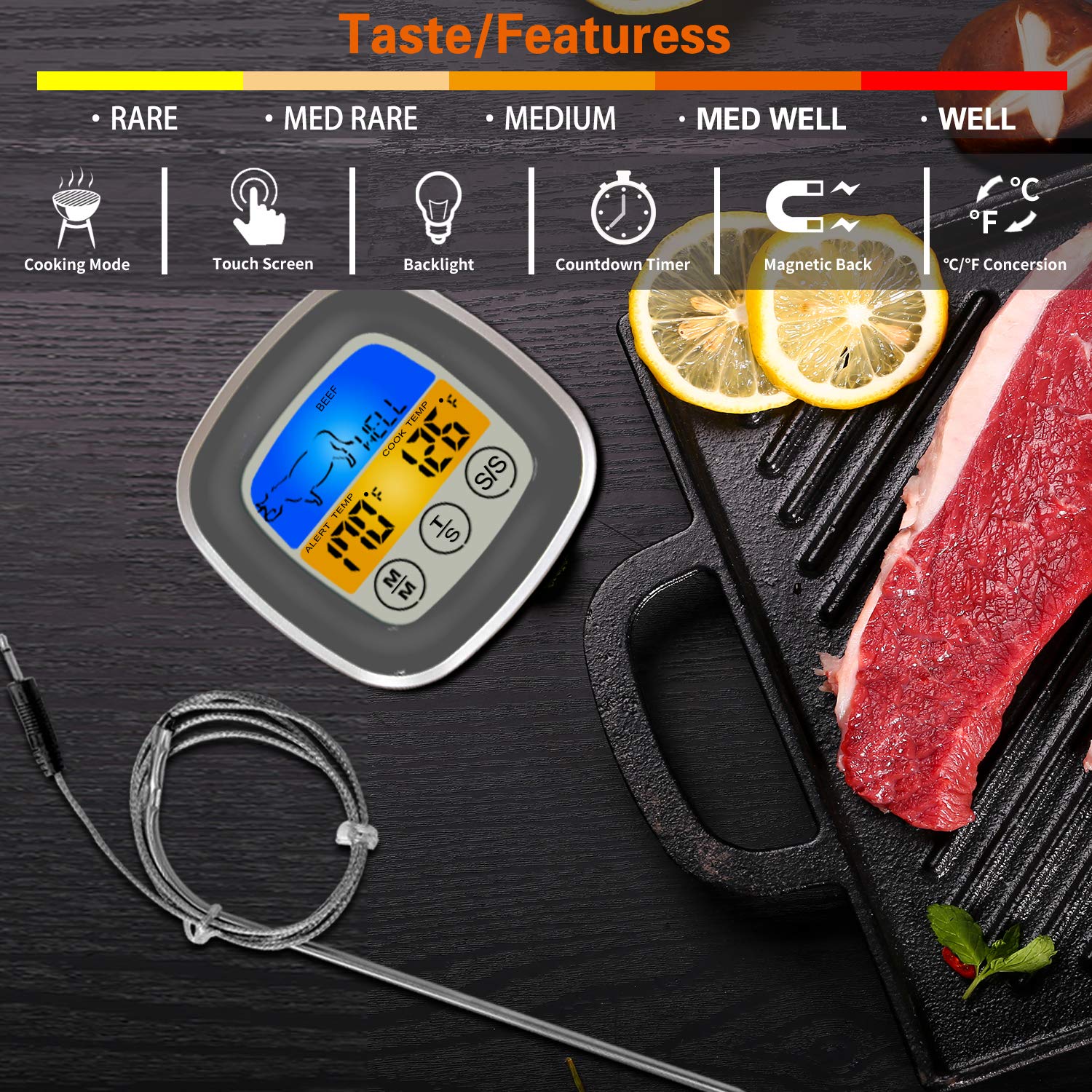 ThreeH Termometro Cucina Digitale Grigio Impermeabile