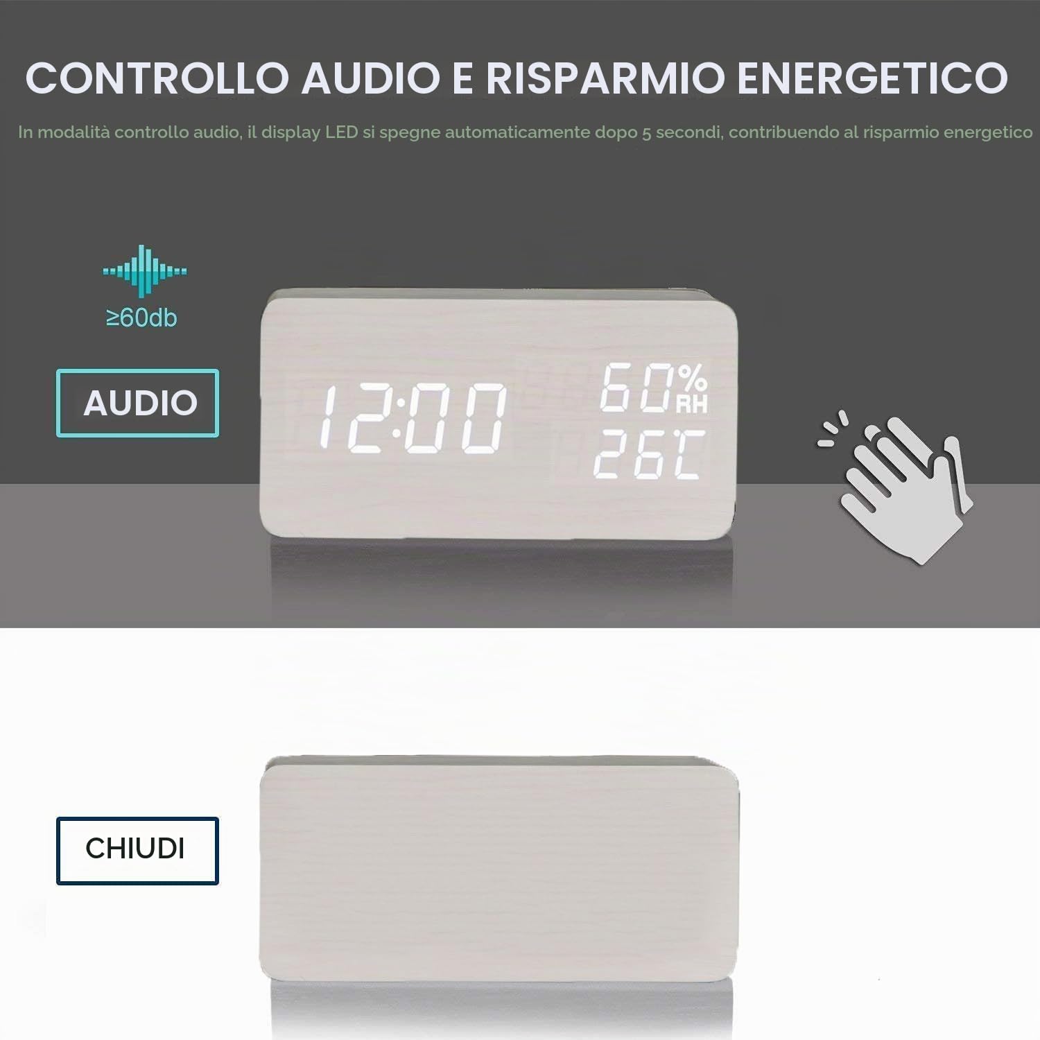 ThreeH Sveglia Legno Bianca Ricarica Wireless LED Bianco