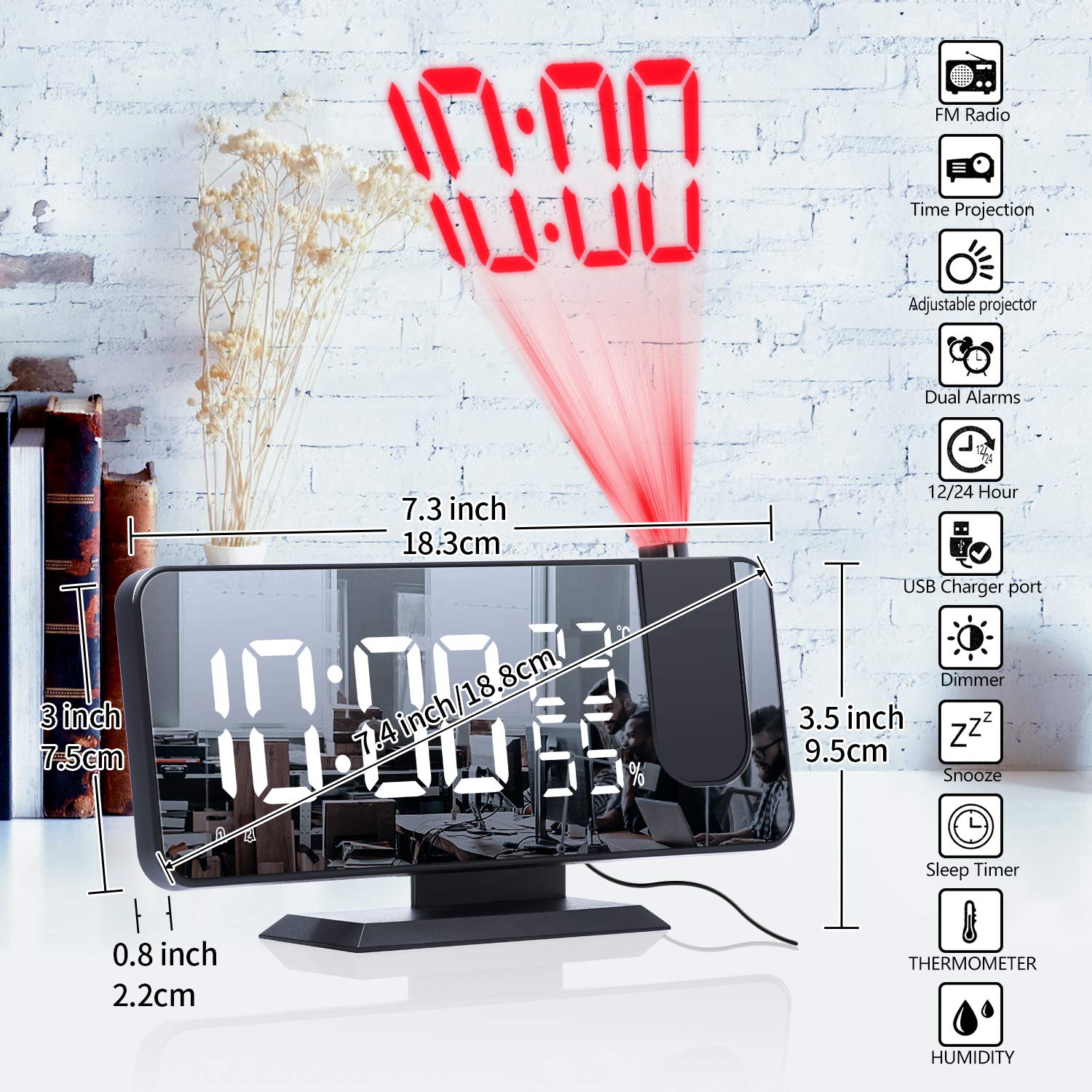 ThreeH sveglia proiezione LED 7,4'' radiosveglia nero-bianco