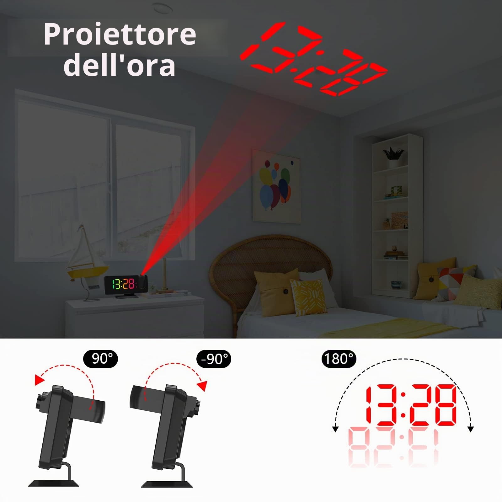 ThreeH Sveglia Proiezione Soffitto LED Nera con USB