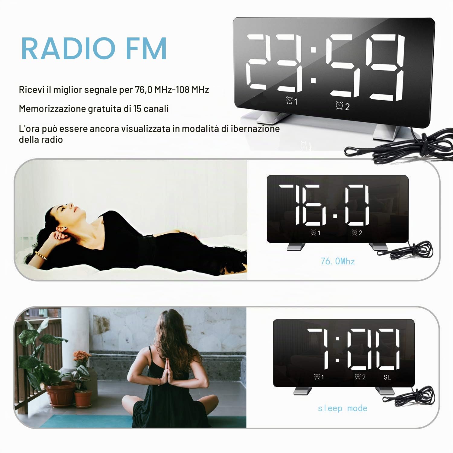 ThreeH radiosveglia digitale LED bianca con USB e FM