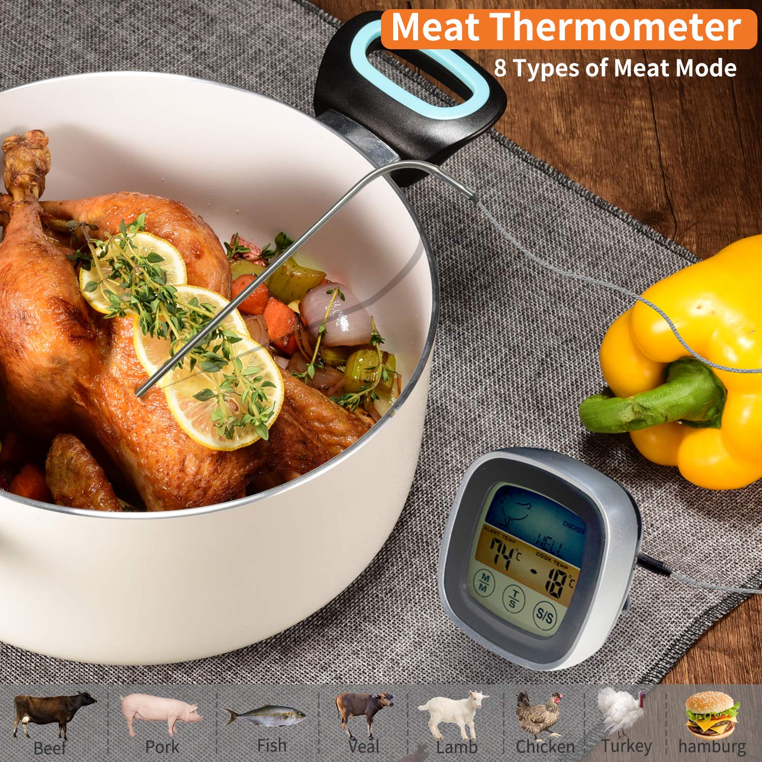 ThreeH Termometro Cucina Digitale Grigio Impermeabile