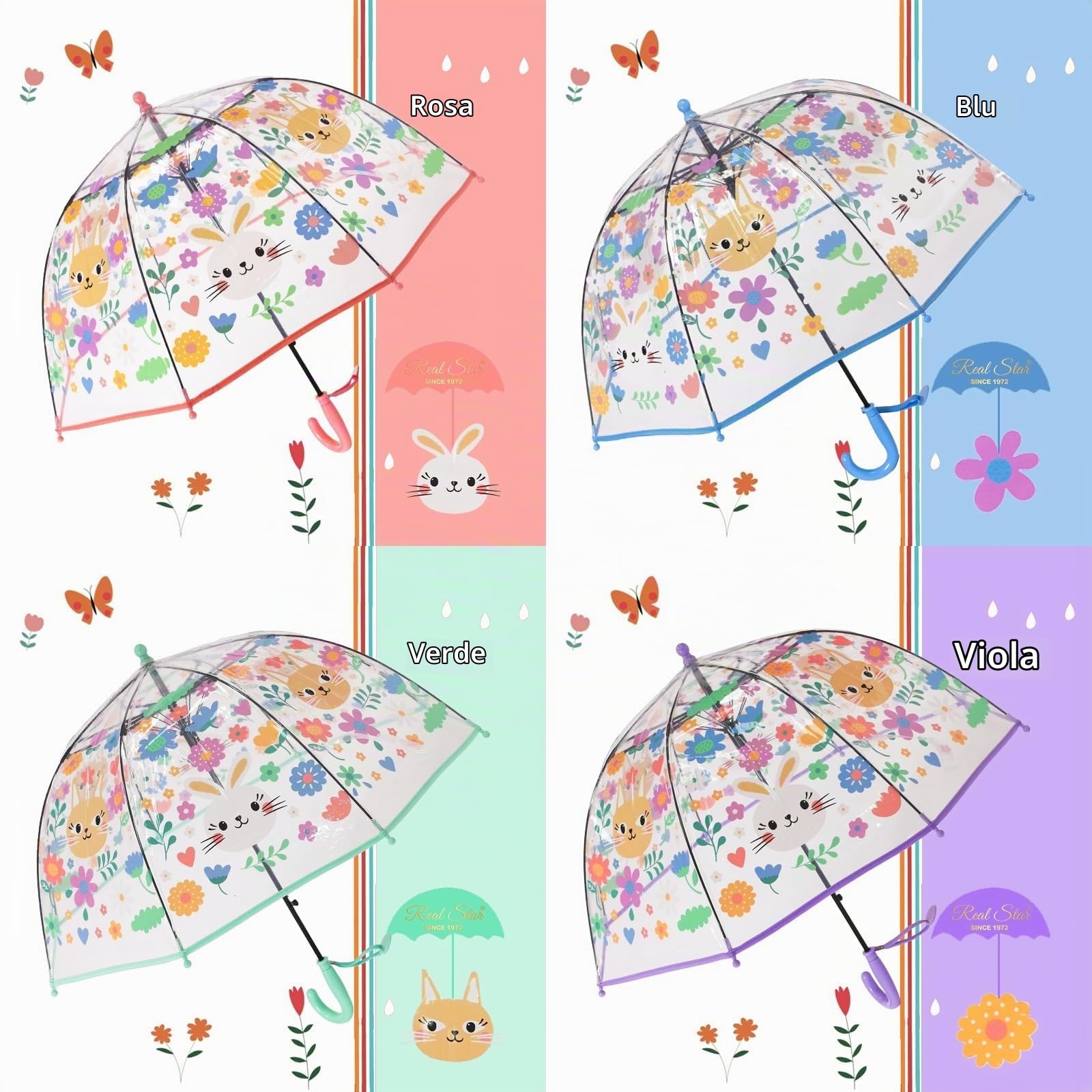 ThreeH ombrello bambini cupola trasparente rosa 70 cm