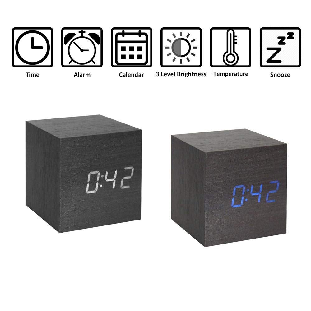ThreeH Sveglia LED Legno Cubo Black White con 3 Allarmi