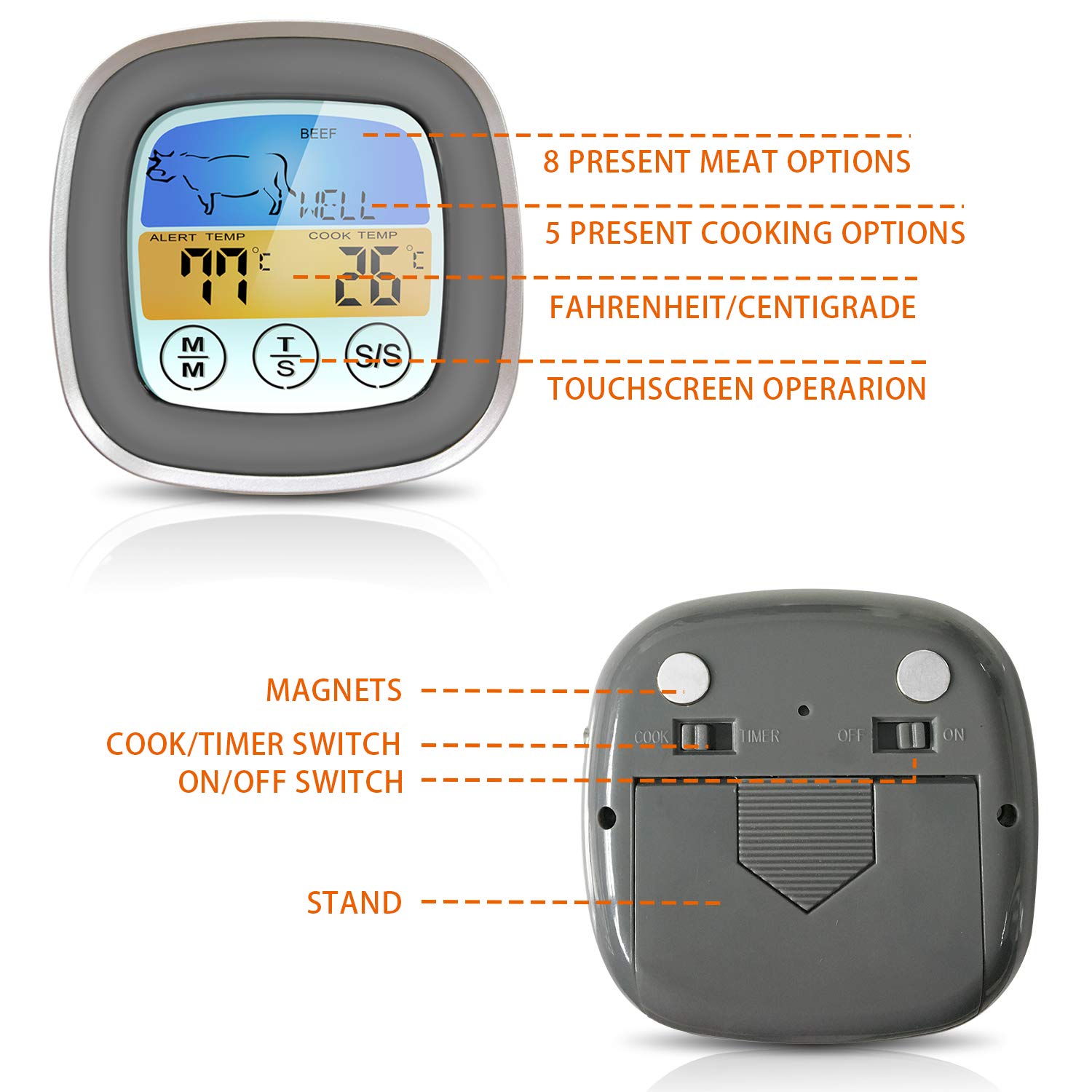 ThreeH Termometro Cucina Digitale Grigio Impermeabile