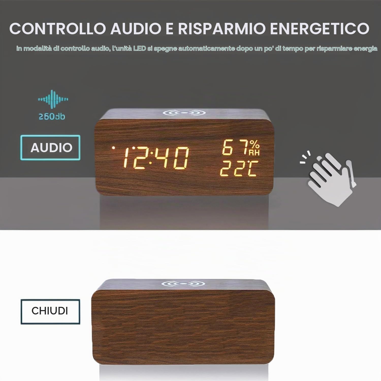 ThreeH Sveglia Legno con Ricarica Wireless Display LED