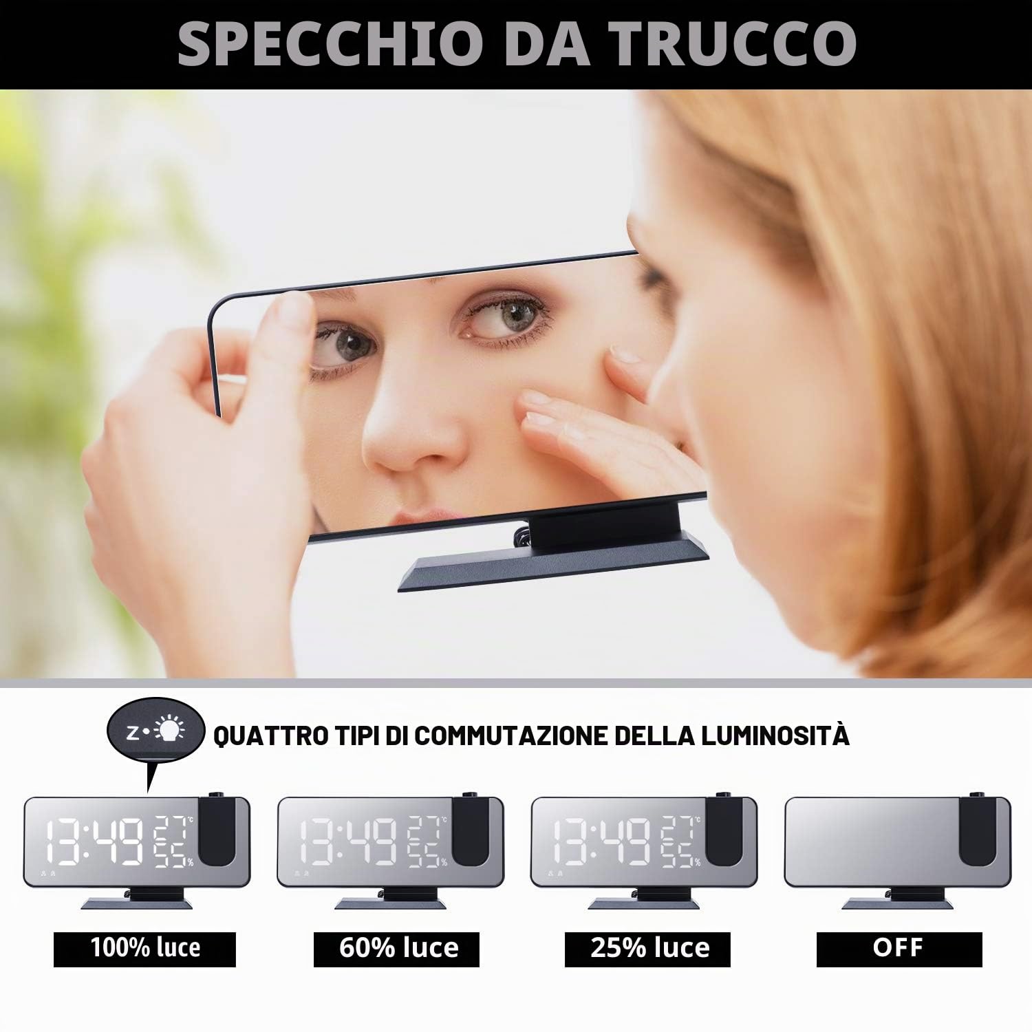 ThreeH sveglia proiezione LED 7,4'' radiosveglia nero-bianco