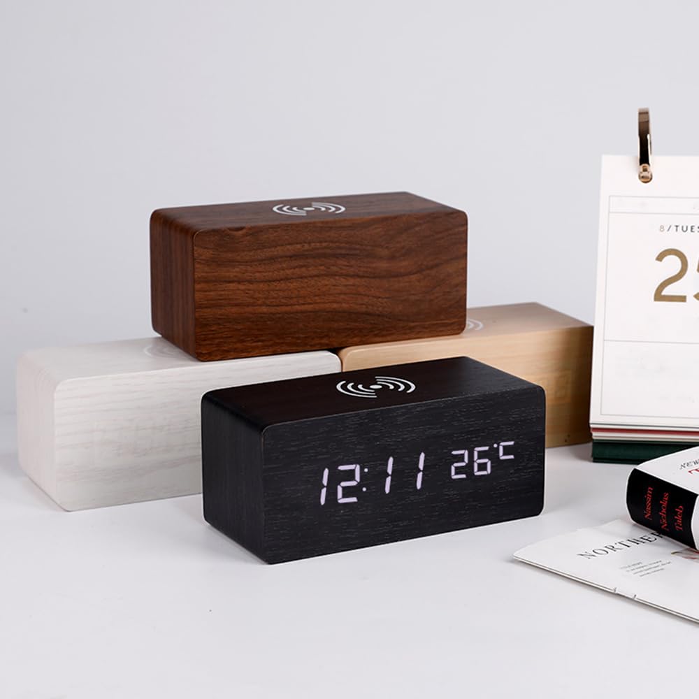 ThreeH Sveglia Legno con Ricarica Wireless Display LED