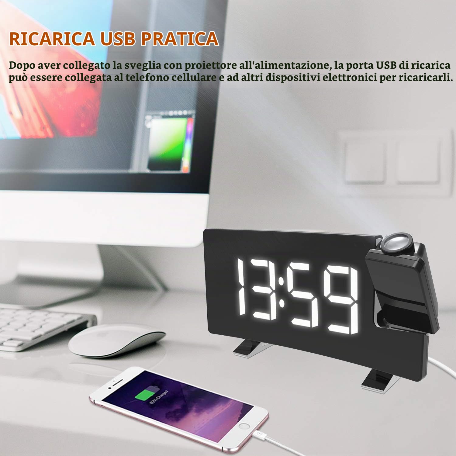 ThreeH radiosveglia proiezione bianca display USB snooze