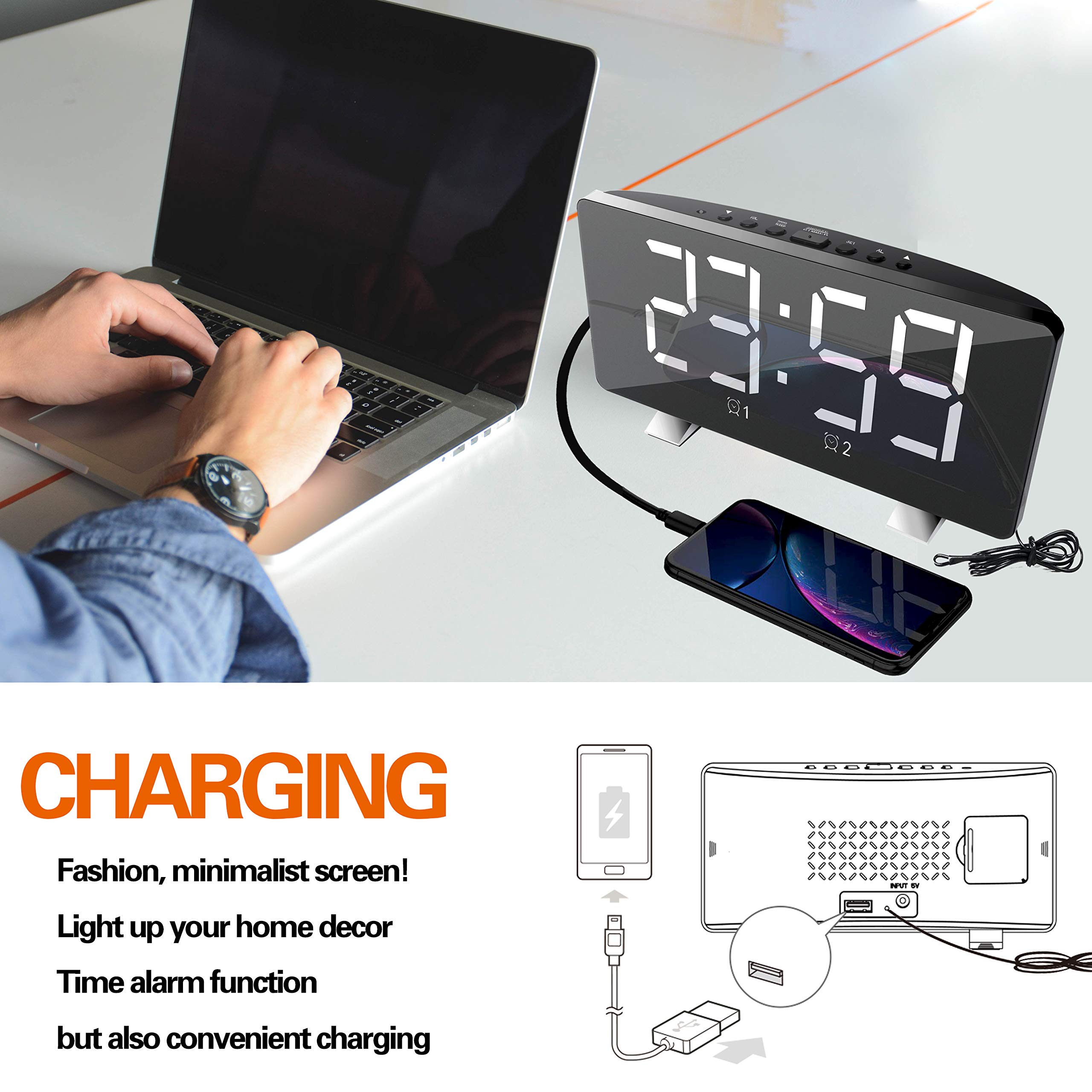 ThreeH radiosveglia digitale LED bianca con USB e FM