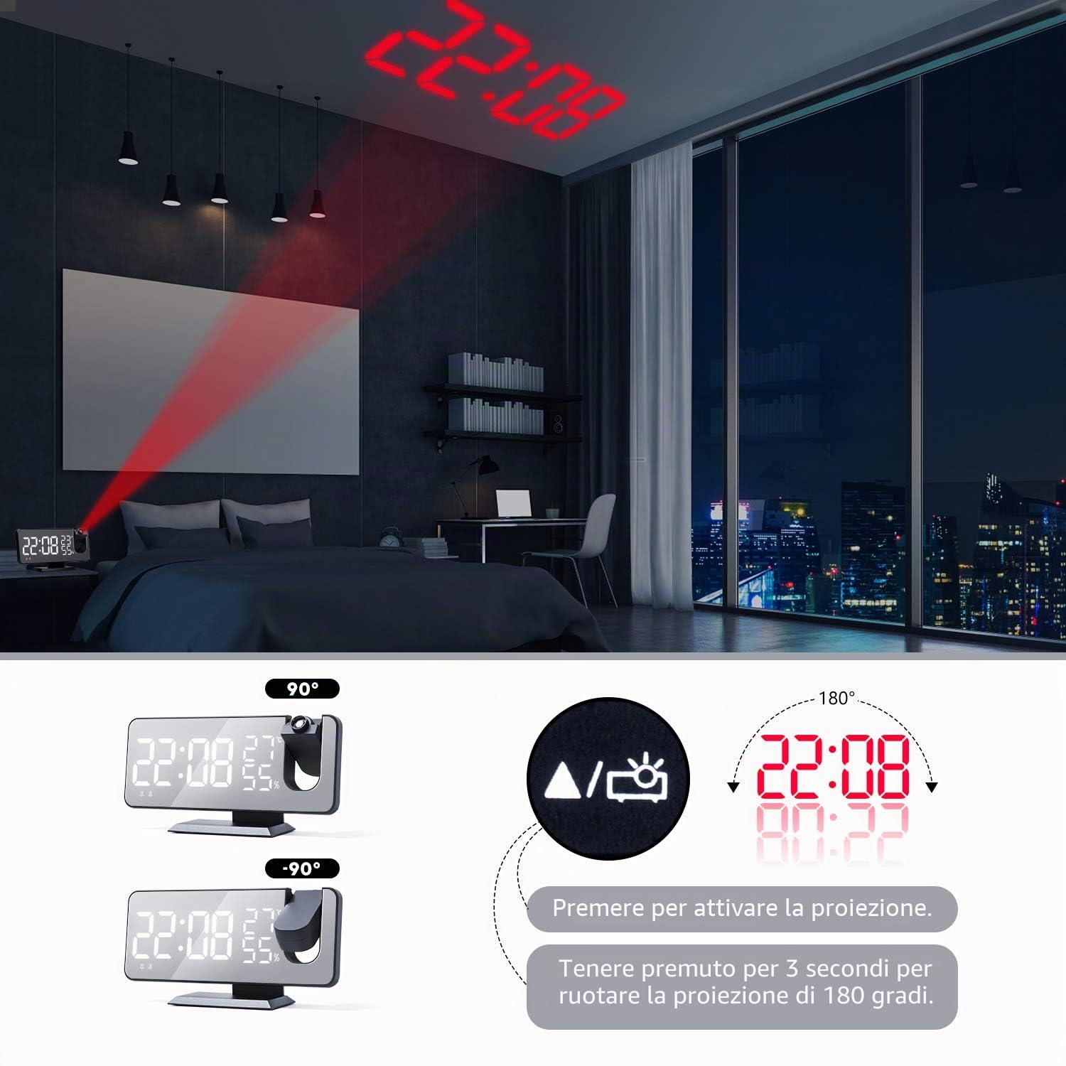 ThreeH sveglia proiezione LED 7,4'' radiosveglia nero-bianco