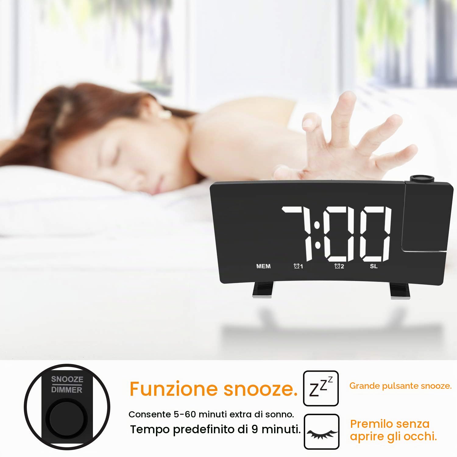 ThreeH radiosveglia proiezione bianca display USB snooze