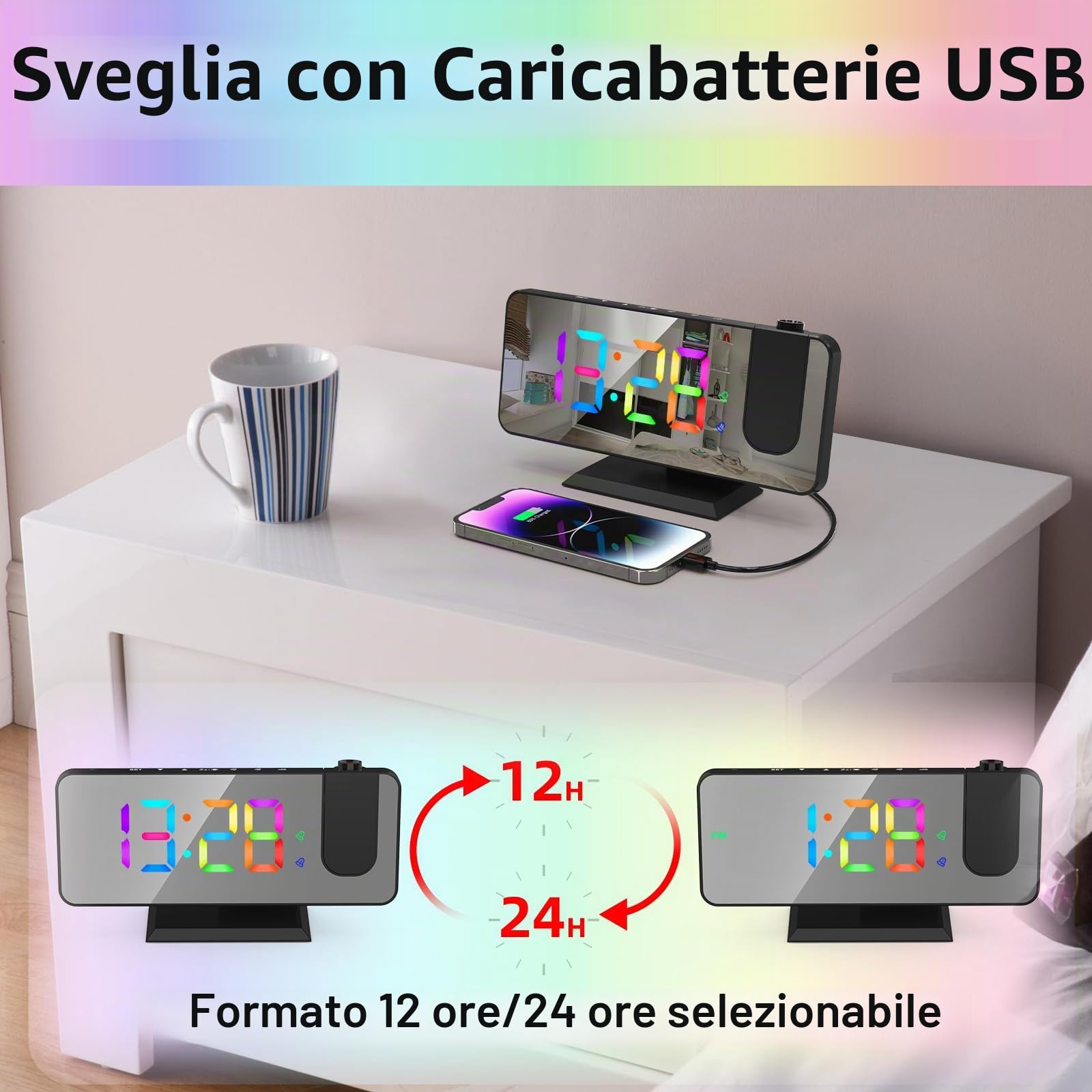 ThreeH Sveglia Proiezione Soffitto LED Nera con USB