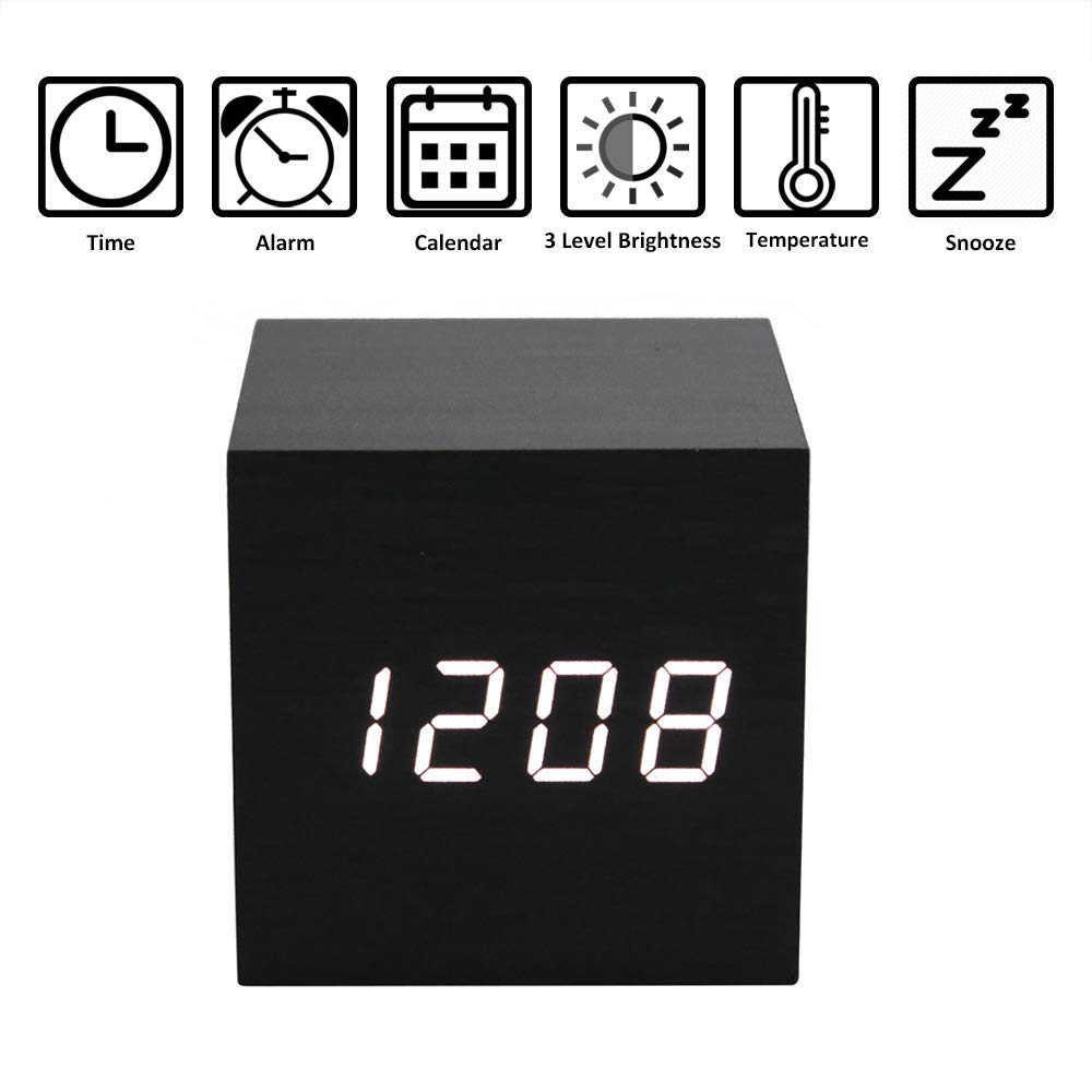 ThreeH Sveglia LED Legno Cubo Black White con 3 Allarmi