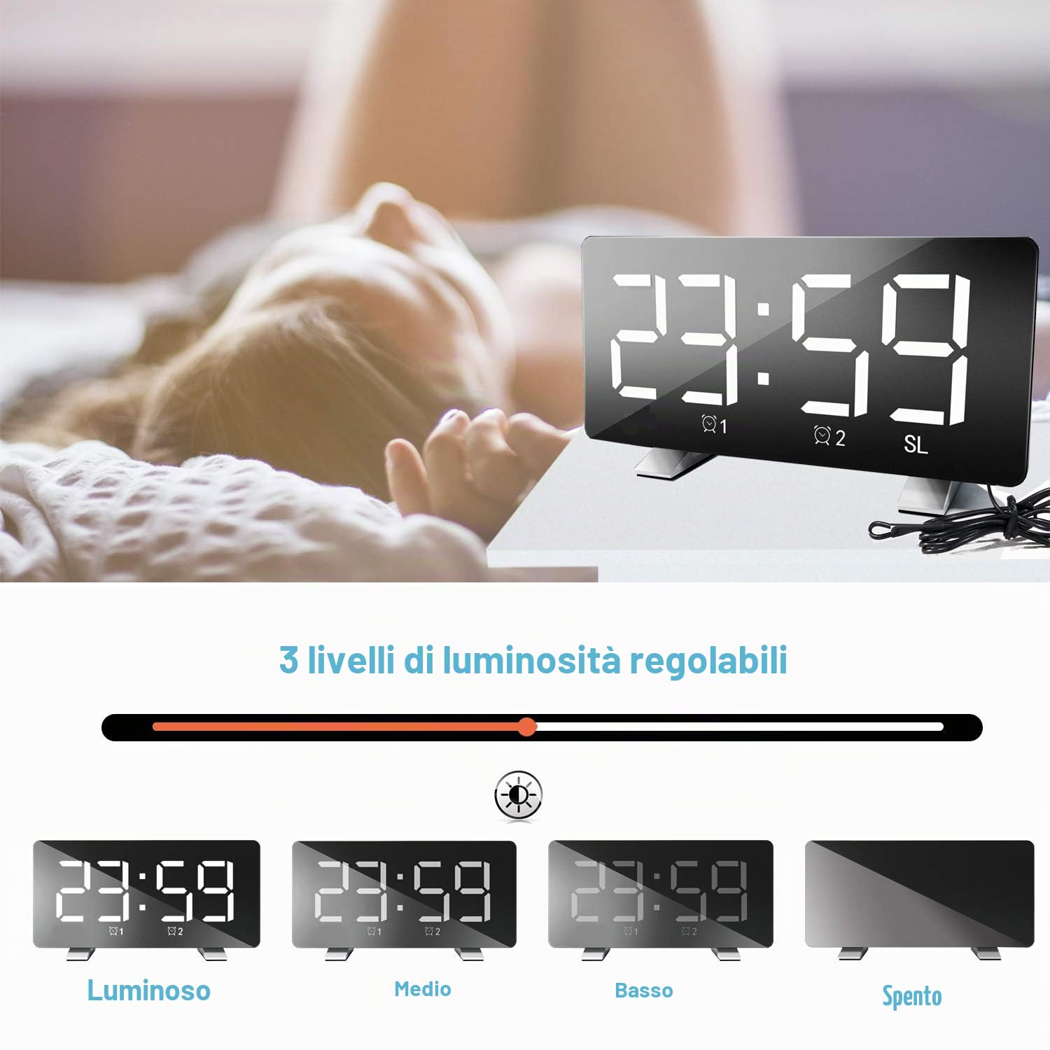 ThreeH radiosveglia digitale LED bianca con USB e FM