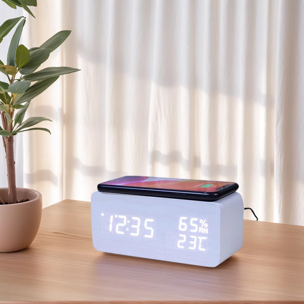 ThreeH Sveglia Legno Bianca Ricarica Wireless LED Bianco