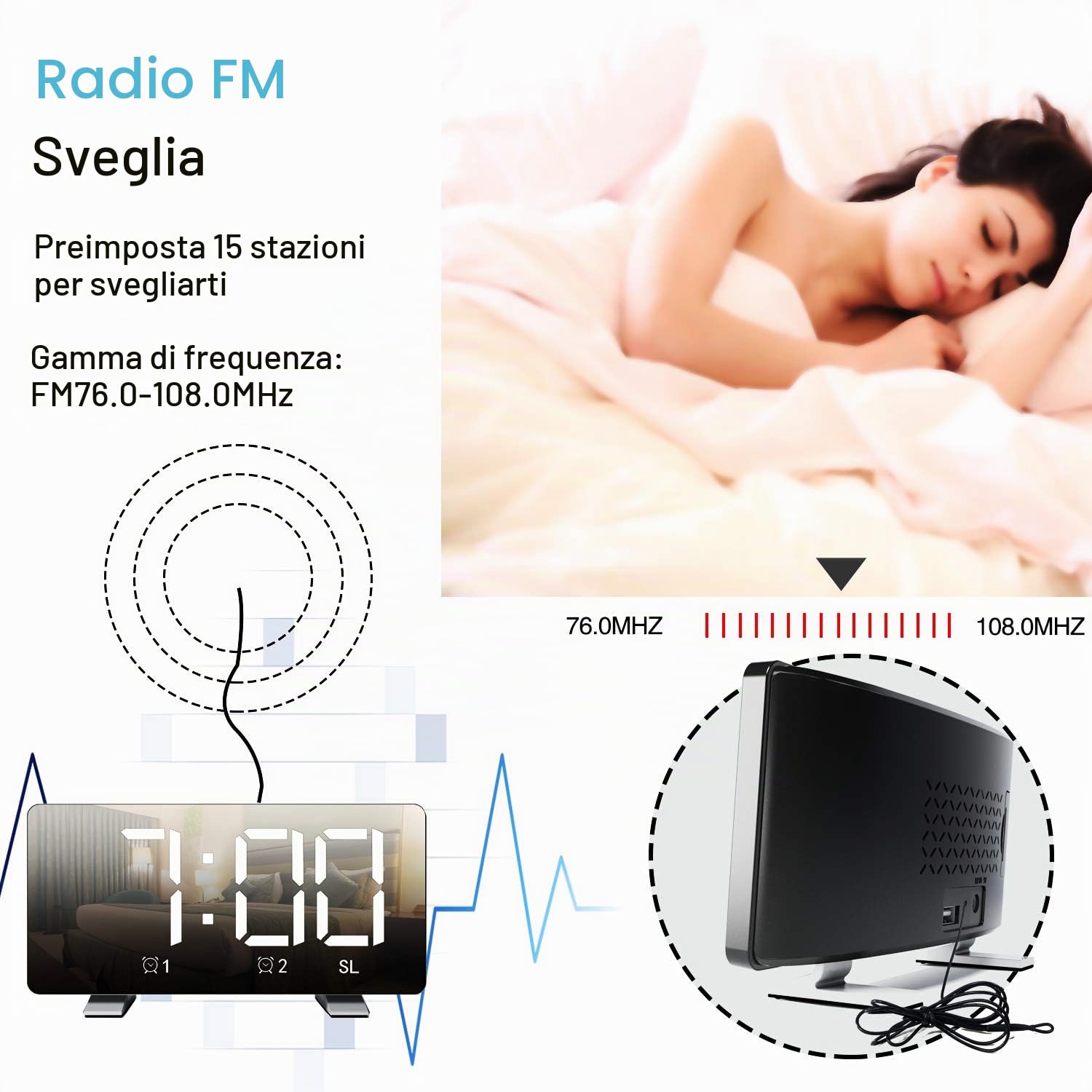 ThreeH radiosveglia digitale LED bianca con USB e FM