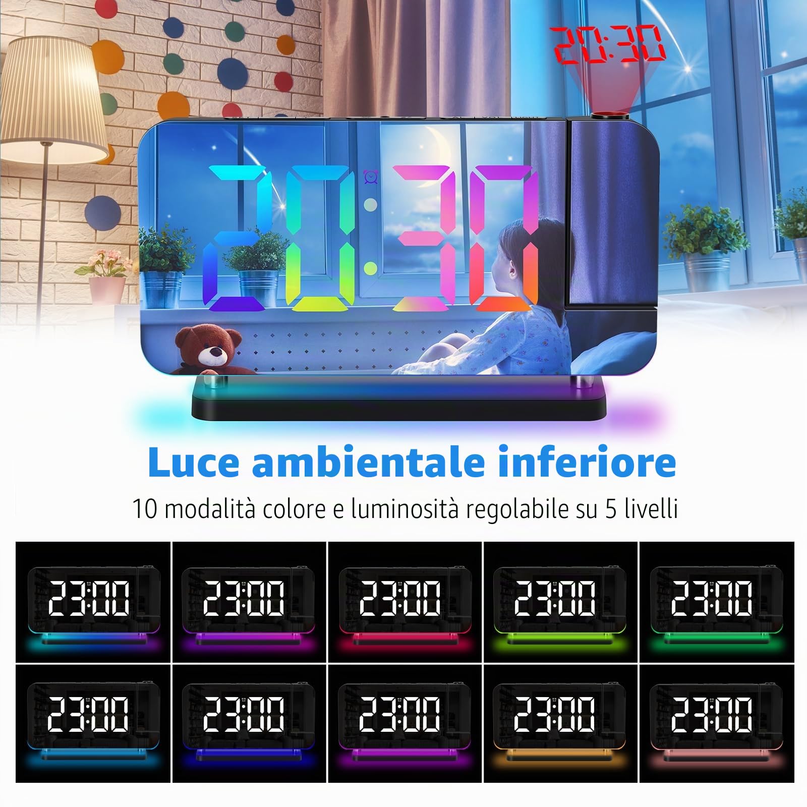 ThreeH Sveglia Digitale Proiezione LED Nero USB