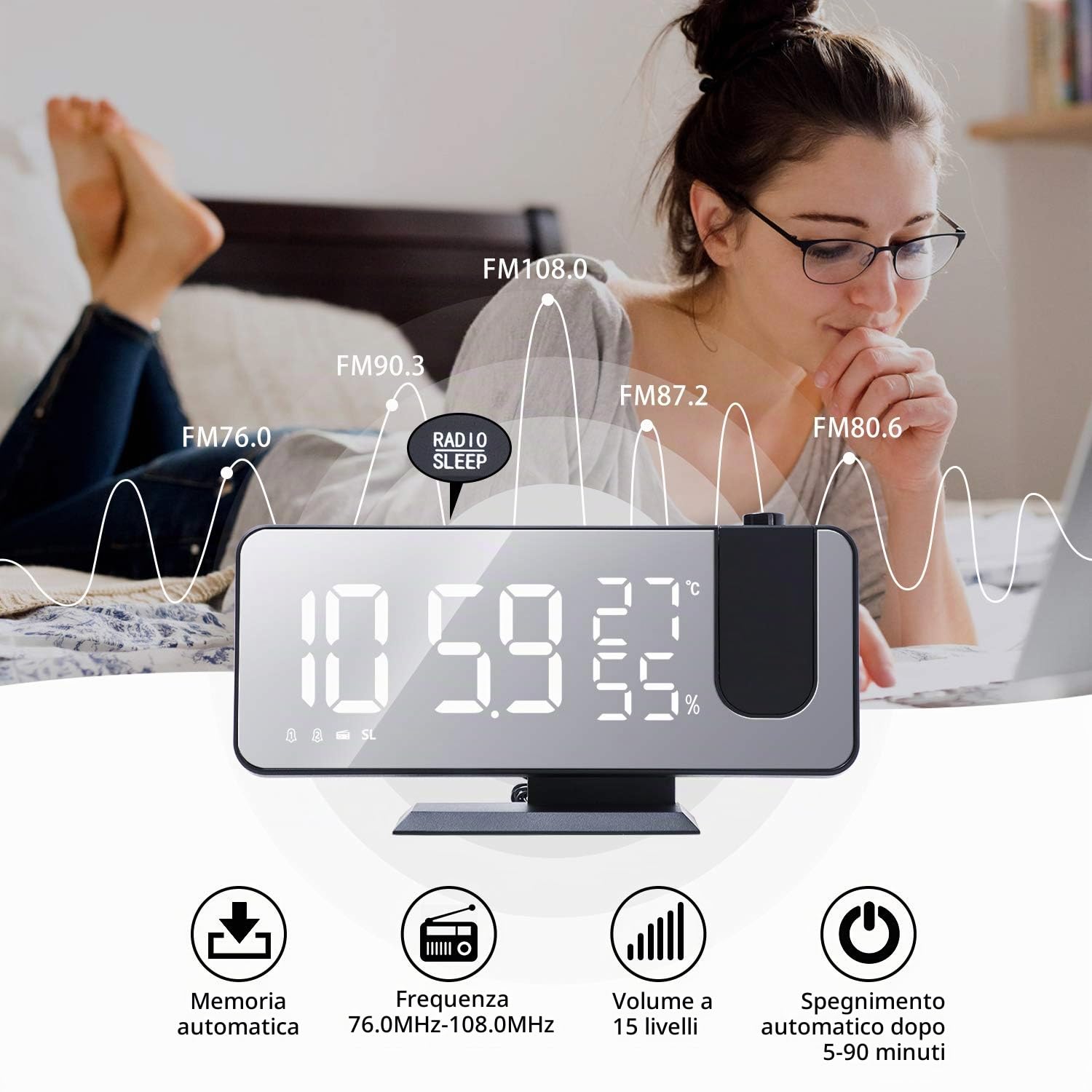ThreeH sveglia proiezione LED 7,4'' radiosveglia nero-bianco