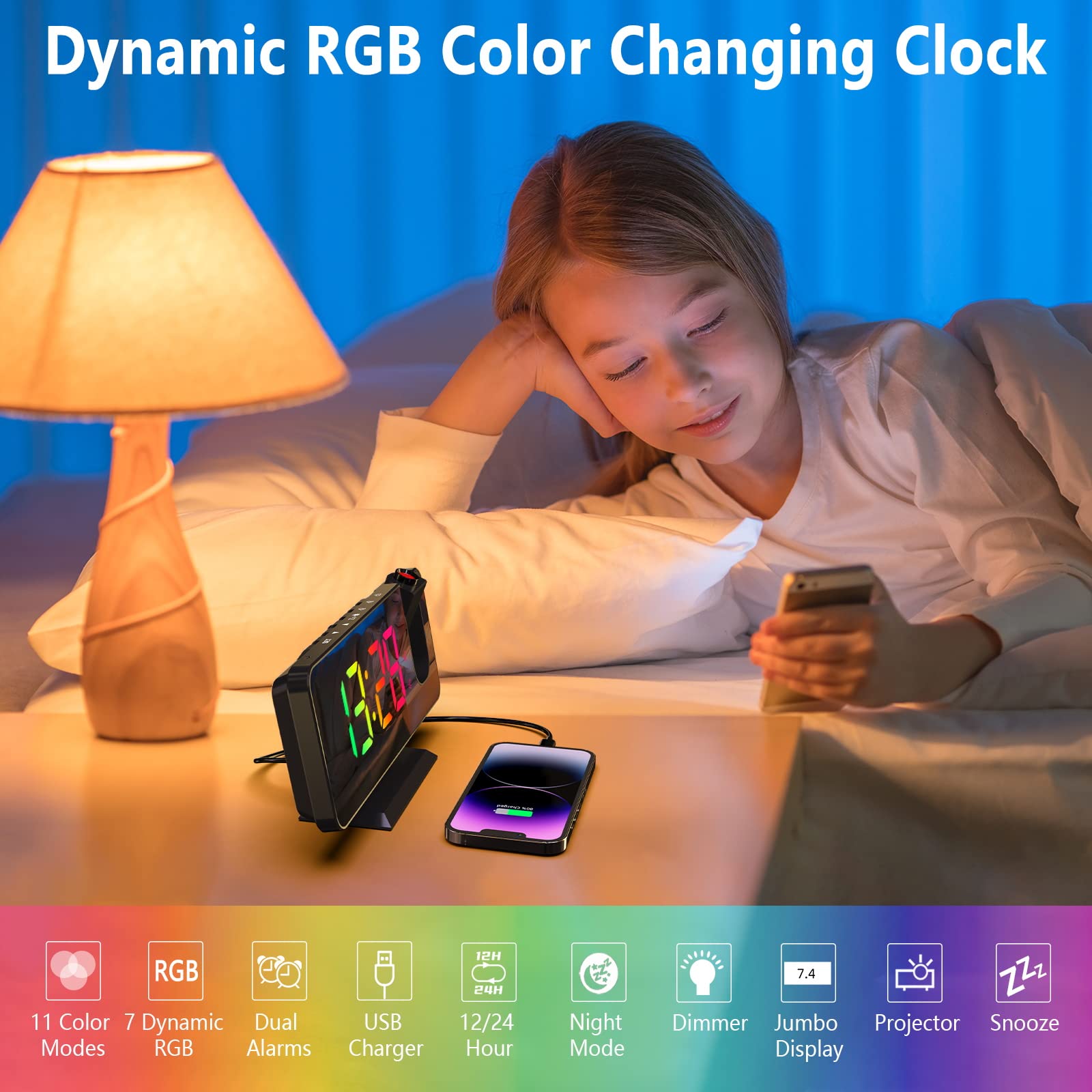 ThreeH Sveglia Proiezione Soffitto LED Nera con USB