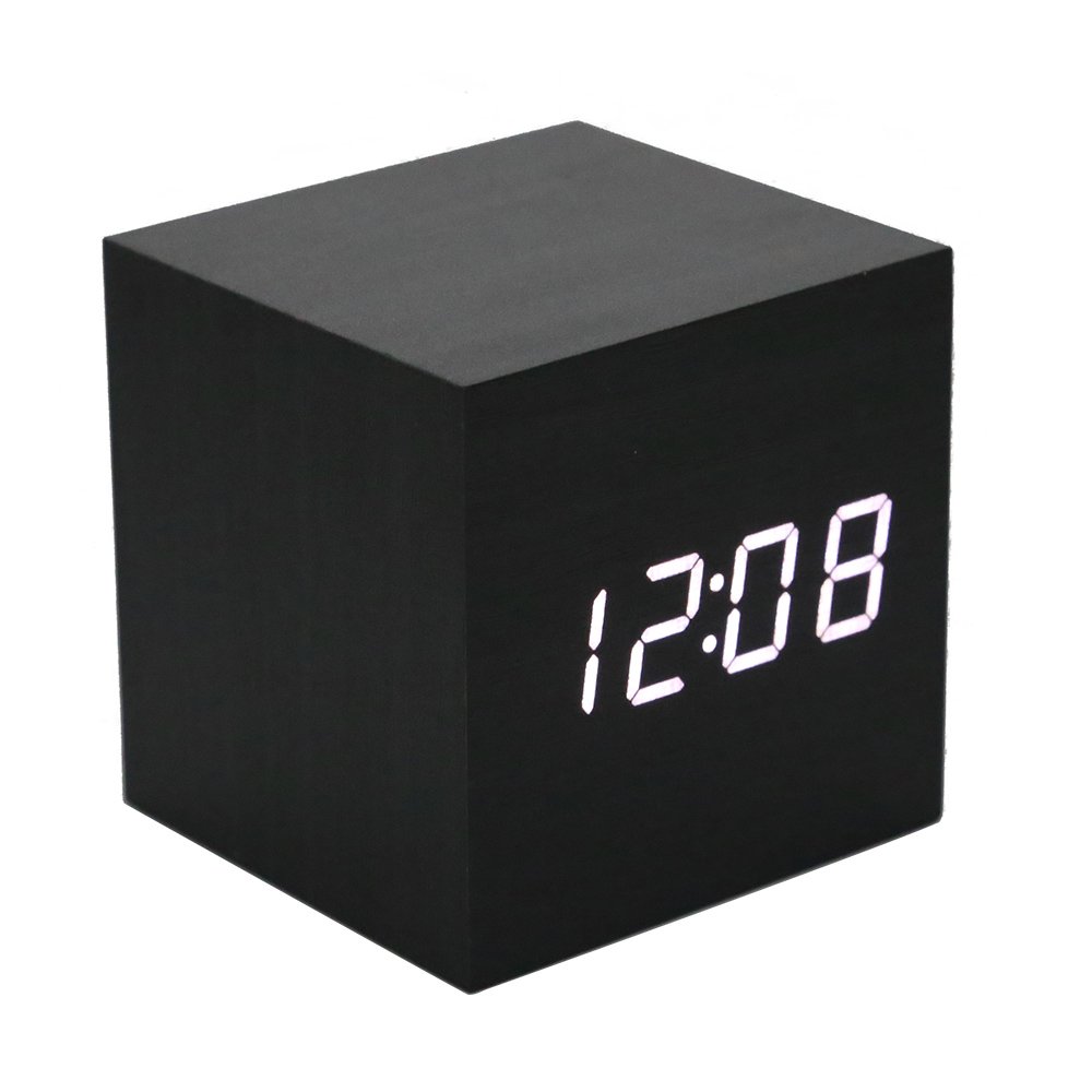 ThreeH Sveglia LED Legno Cubo Black White con 3 Allarmi