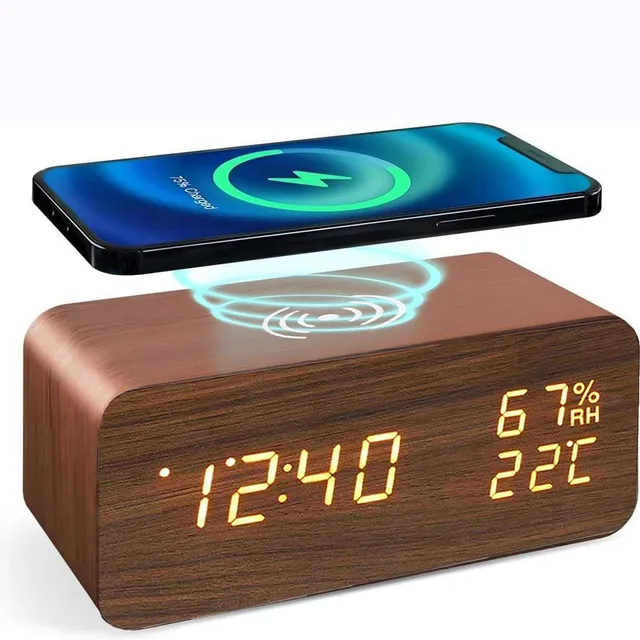 ThreeH Sveglia Legno con Ricarica Wireless Display LED