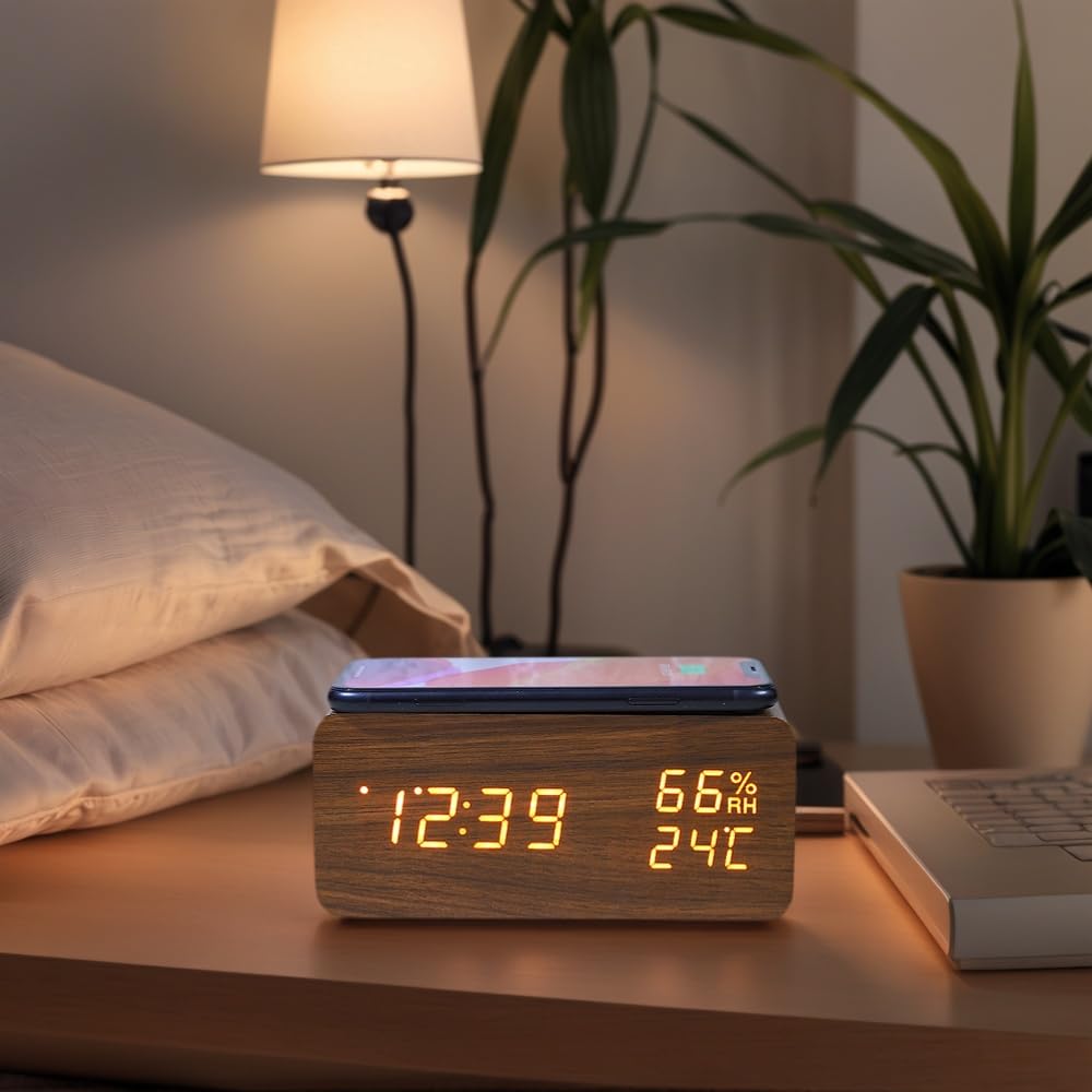 ThreeH Sveglia Legno con Ricarica Wireless Display LED