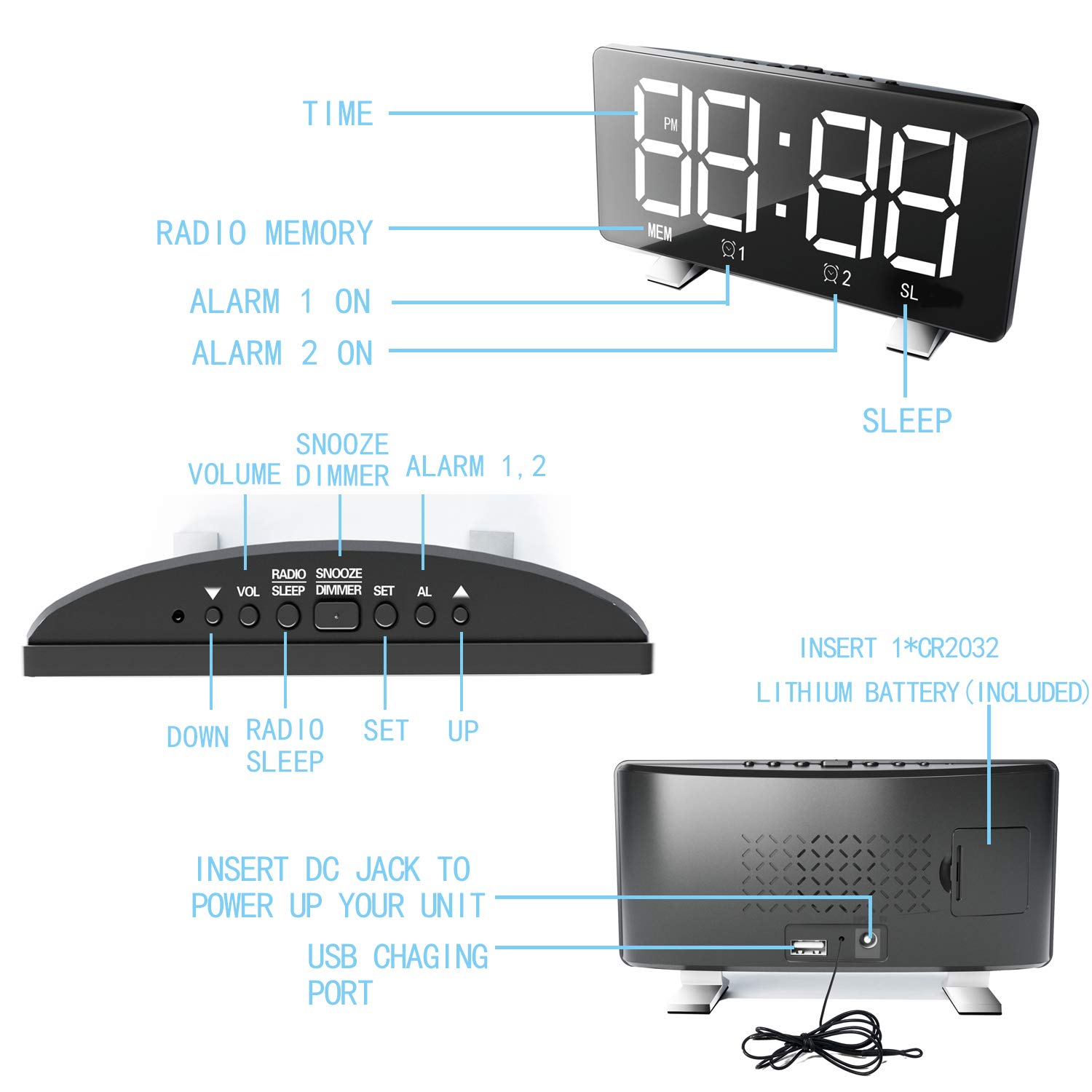 ThreeH radiosveglia digitale LED bianca con USB e FM