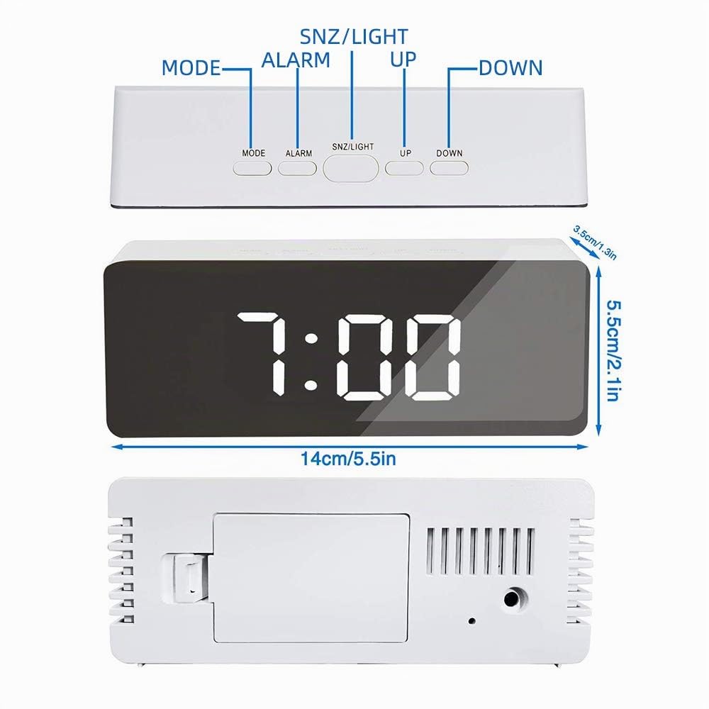 ThreeH Orologio Digitale LED Specchio Bianco Sveglia Snooze